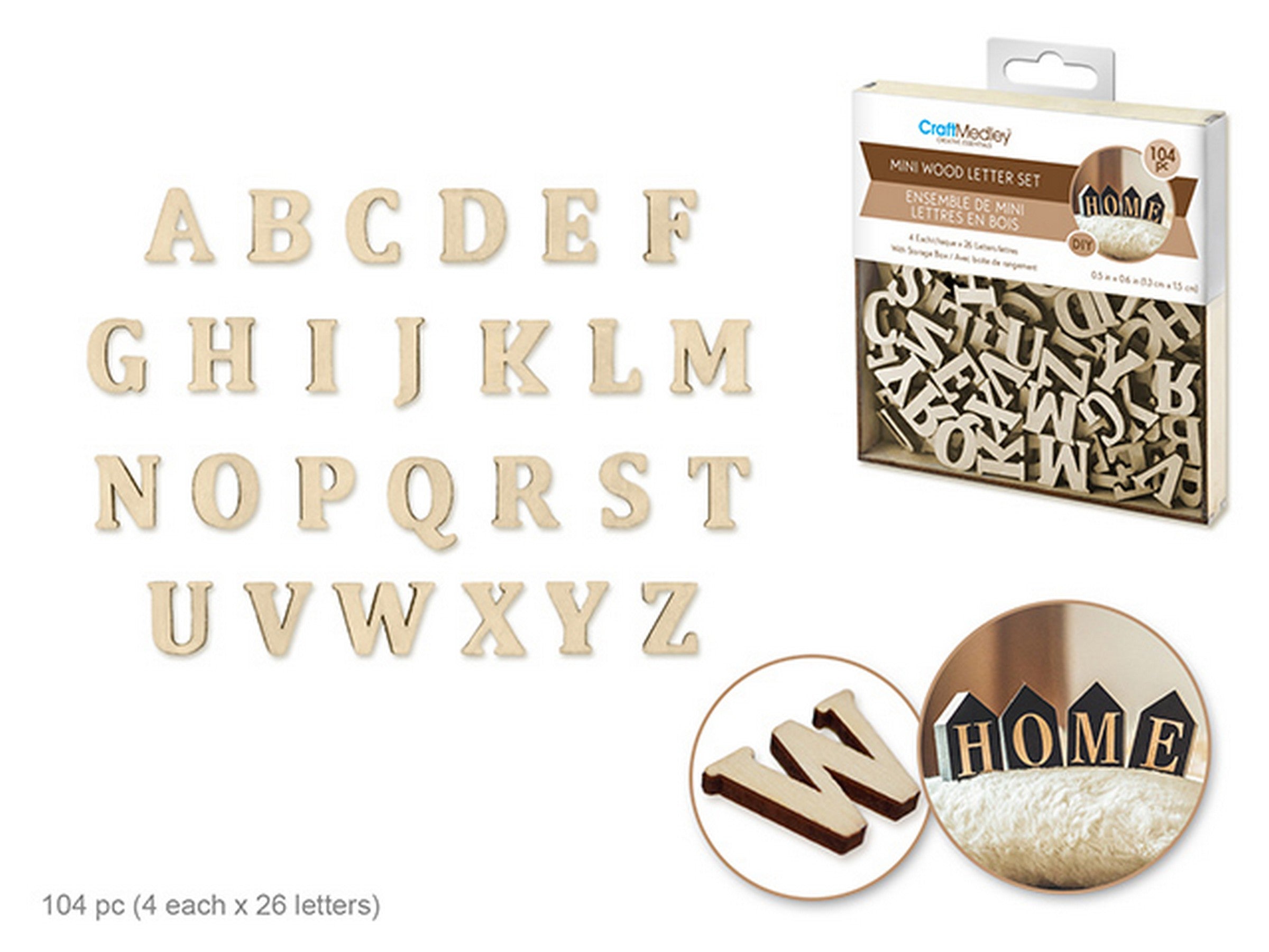 Craft Medley 104pcs Mini Wooden Letters Kit Unpainted 4x4in box
