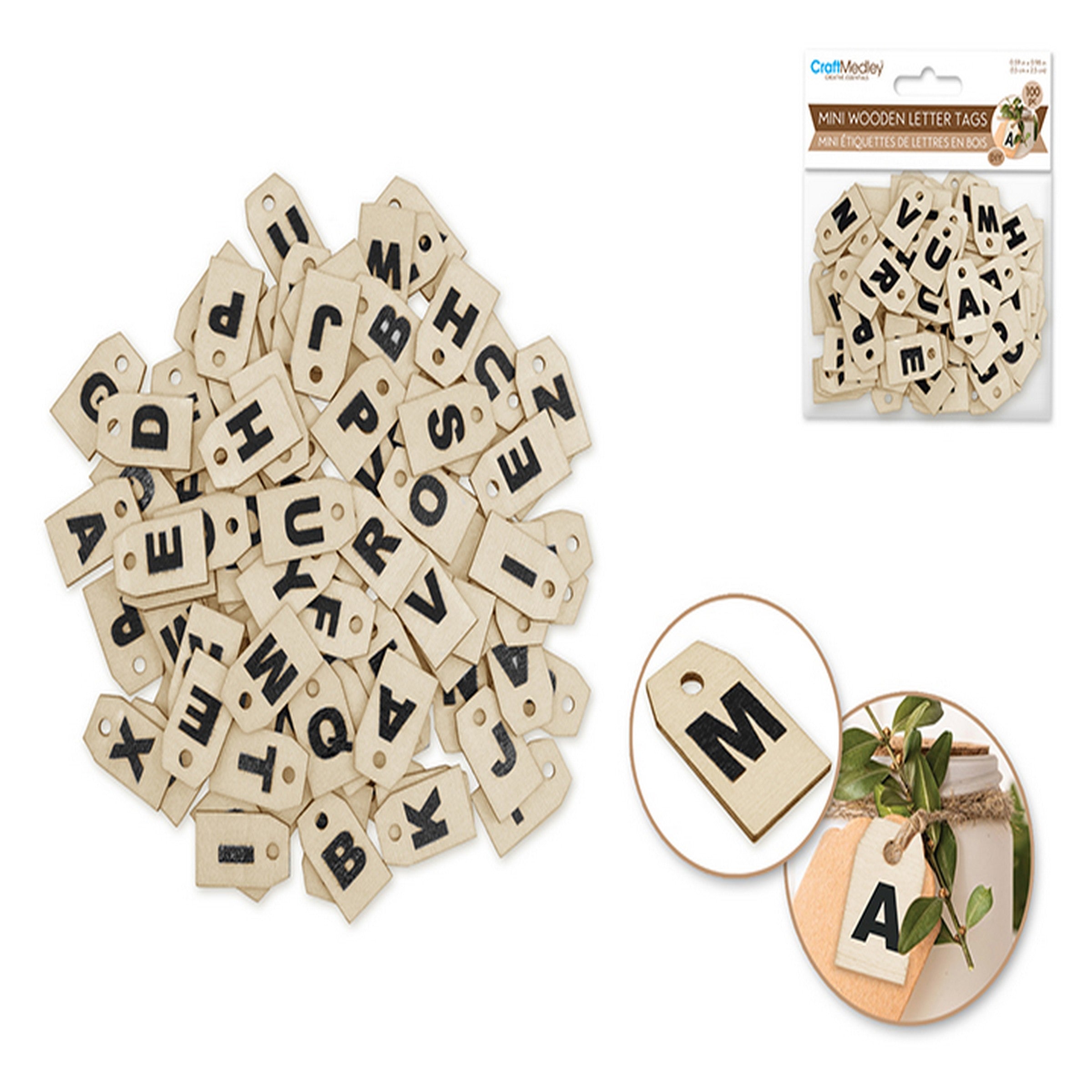 Craft Medley 100 Mini Wooden Letter Tags - A to Z  0.6x1in