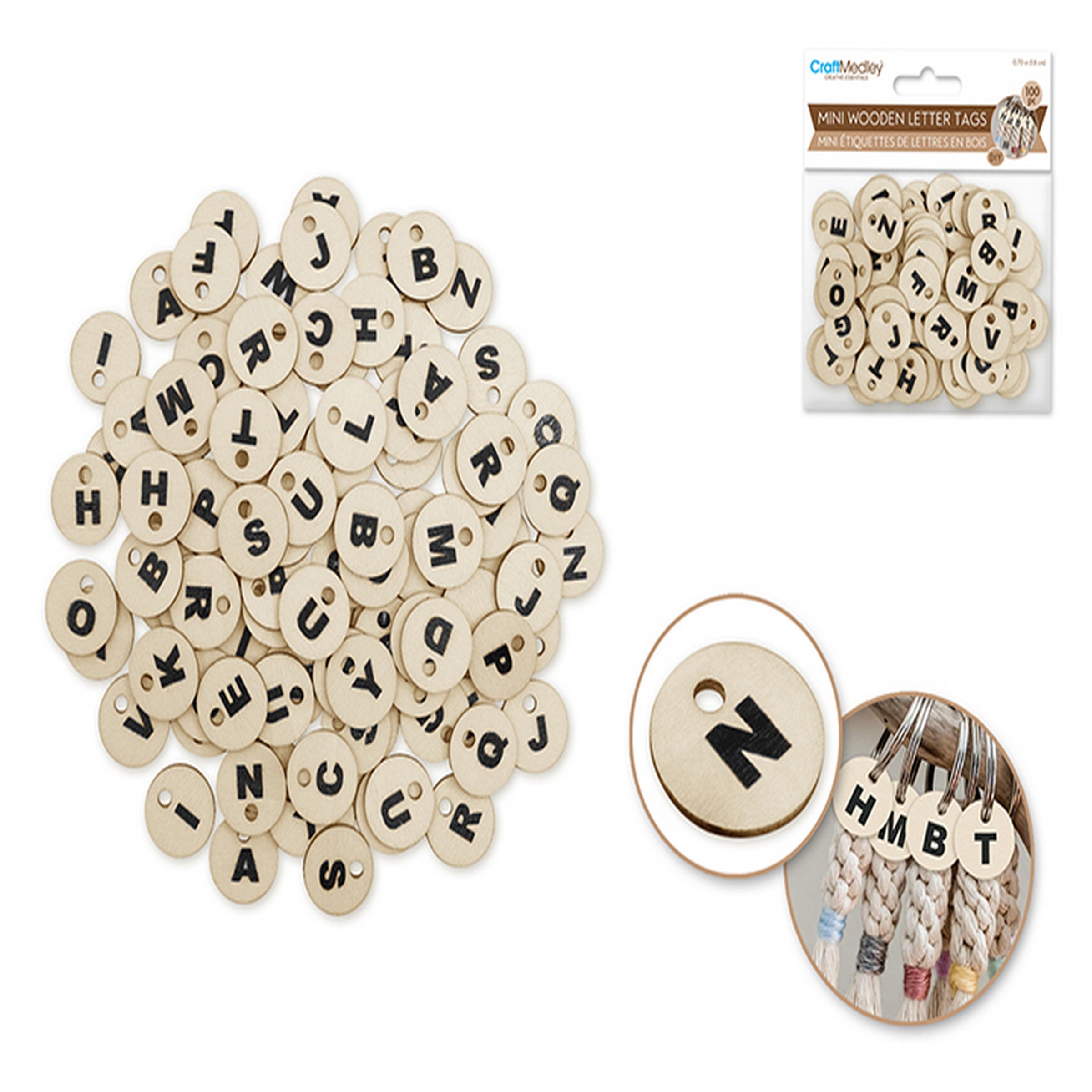 Craft Medley 100 Mini Round Wooden Letter Tags - A to Z  0.7in