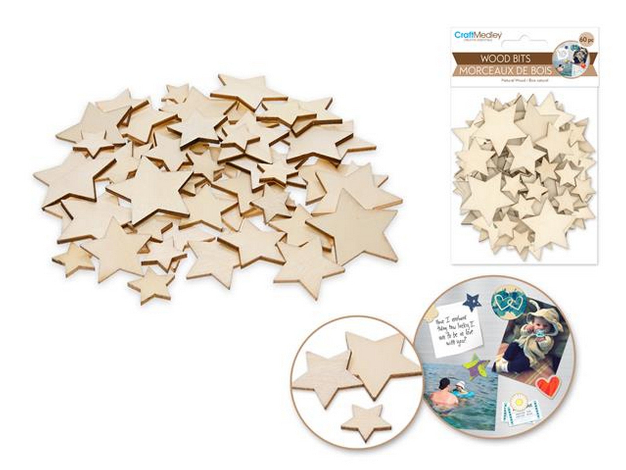Craft Medley 60 Wooden Bits Stars 0.75in to 1.5in