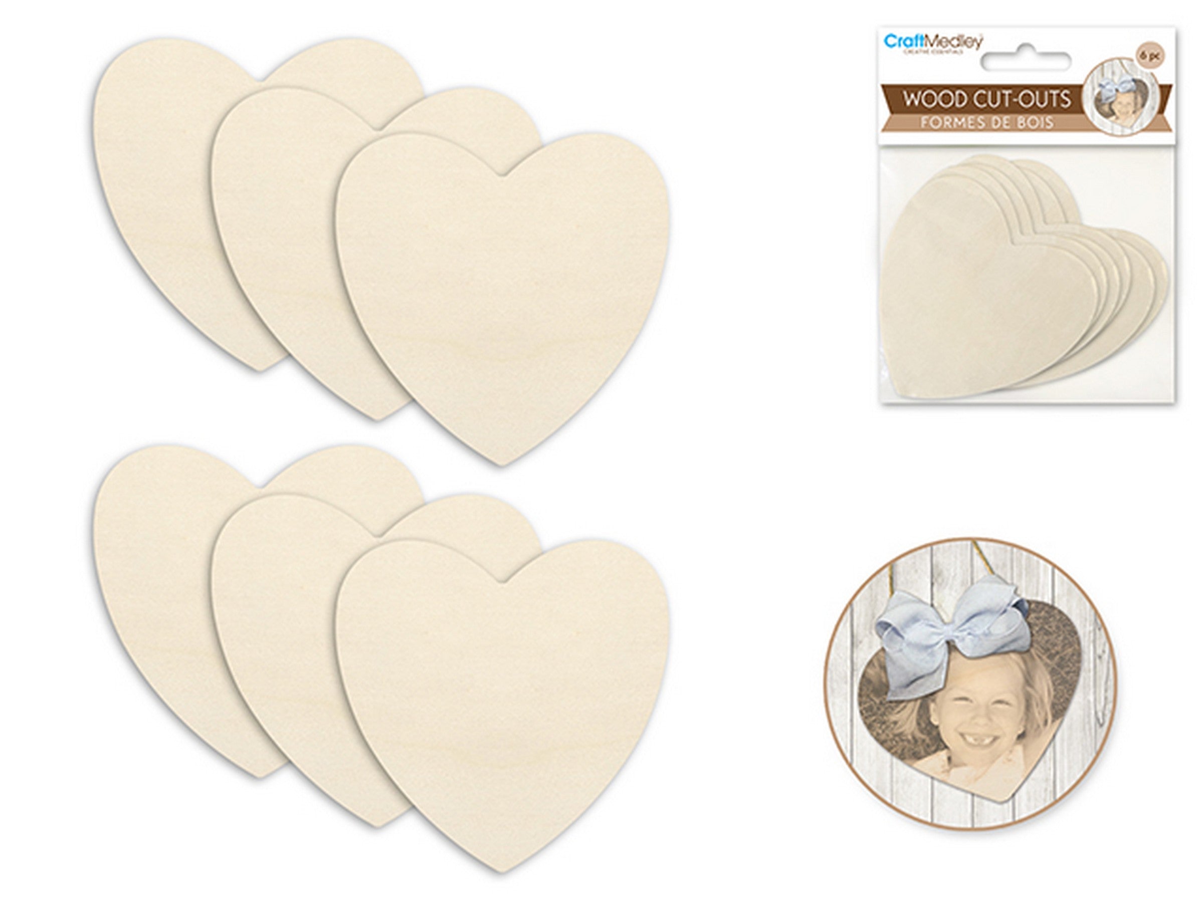 Craft Medley 6 Wood Cut-outs Unpainted Heart 2.75in