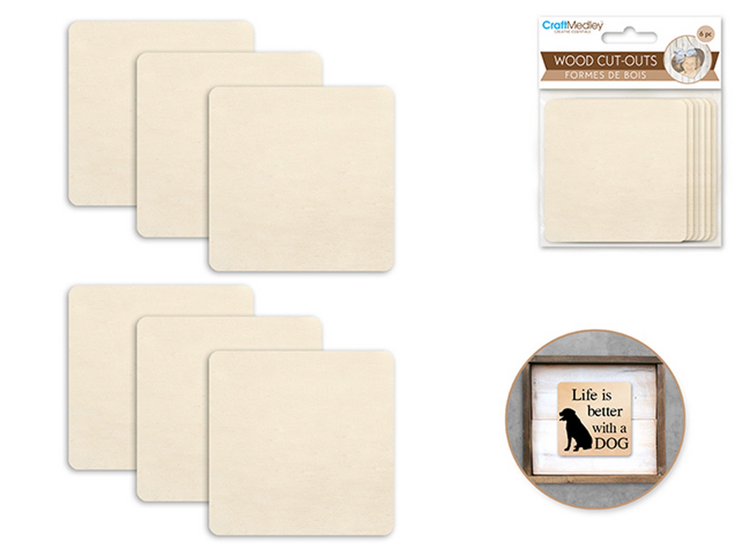 Craft Medley 6 Wood Cut-outs Unpainted Square 2.75x2.75in