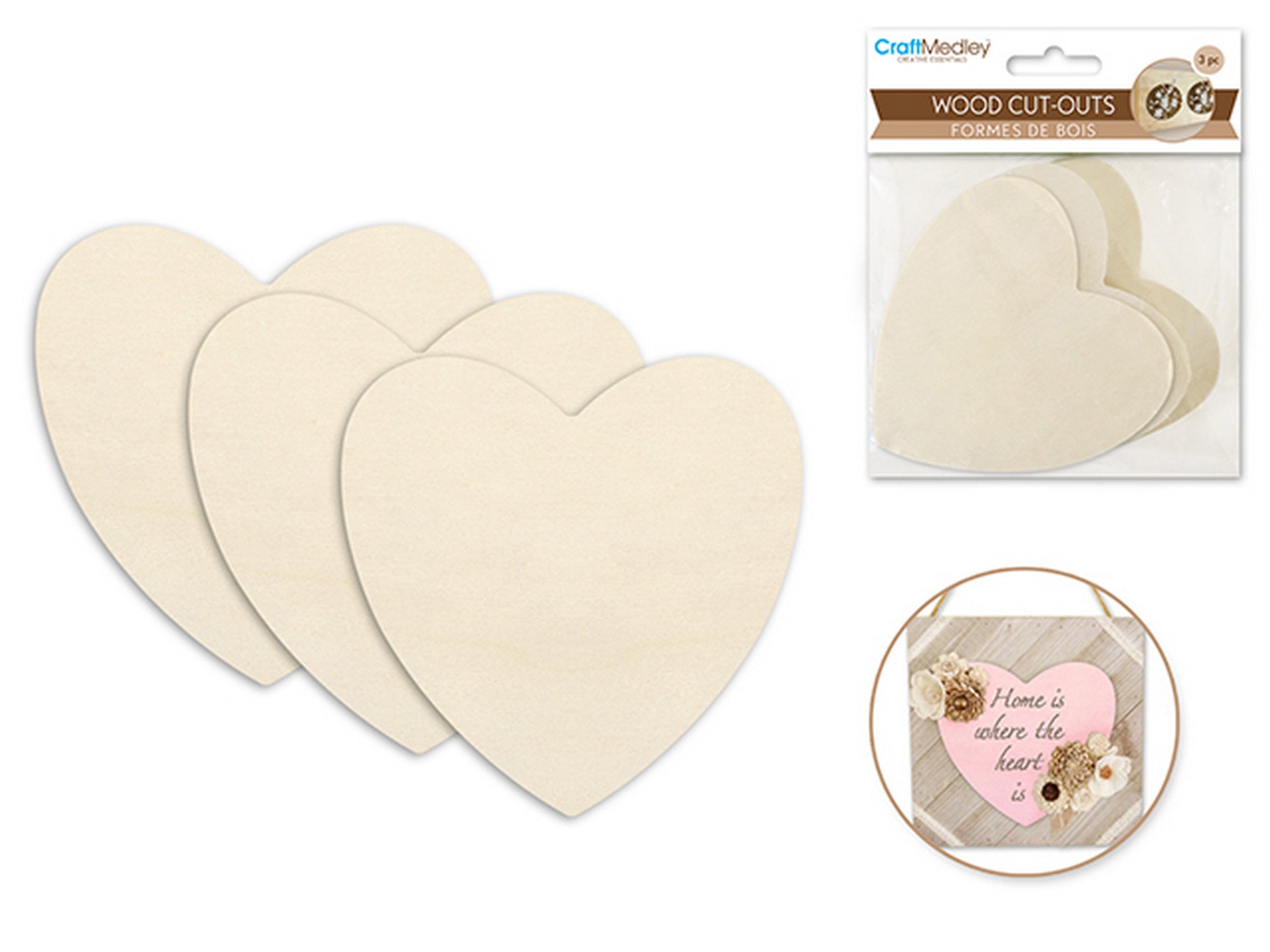 Craft Medley 3 Wood Cut-outs Unpainted Heart 3.4x3.5in