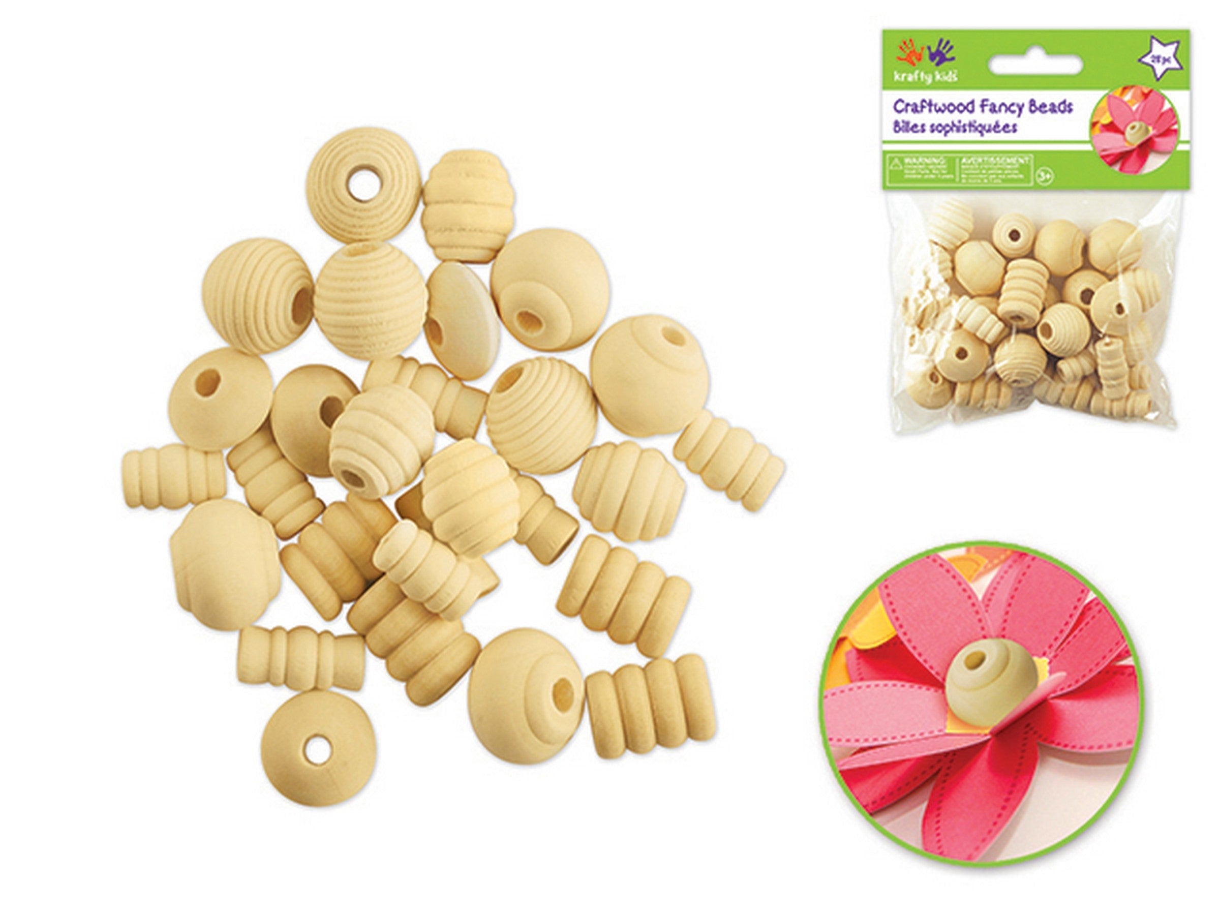 Krafty Kids 28 Wooden Fancy Beads Unpainted 0.70in aprox.