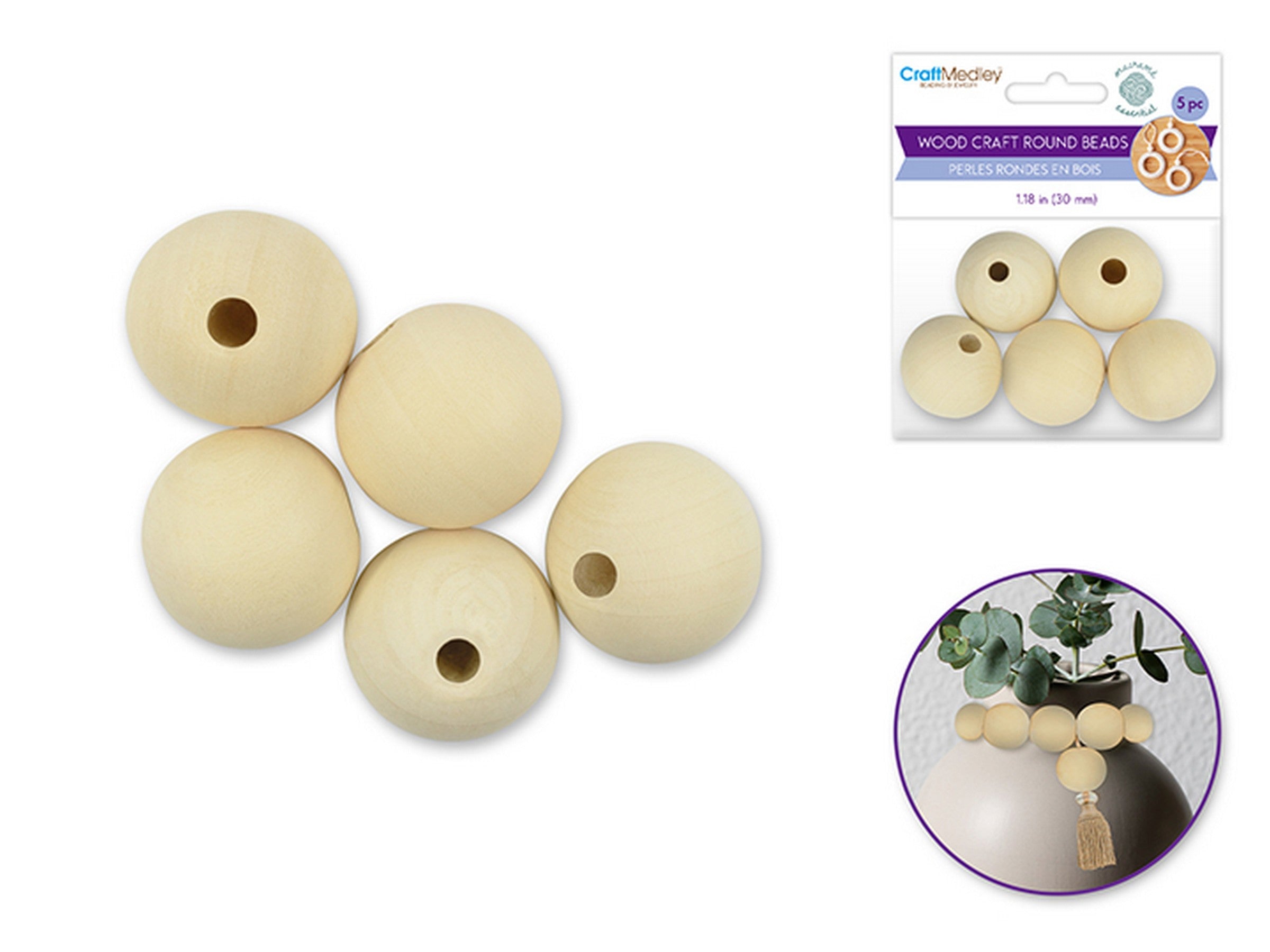 Beading and Jewelry 5 Round Wooden Beads Natural 1.18in