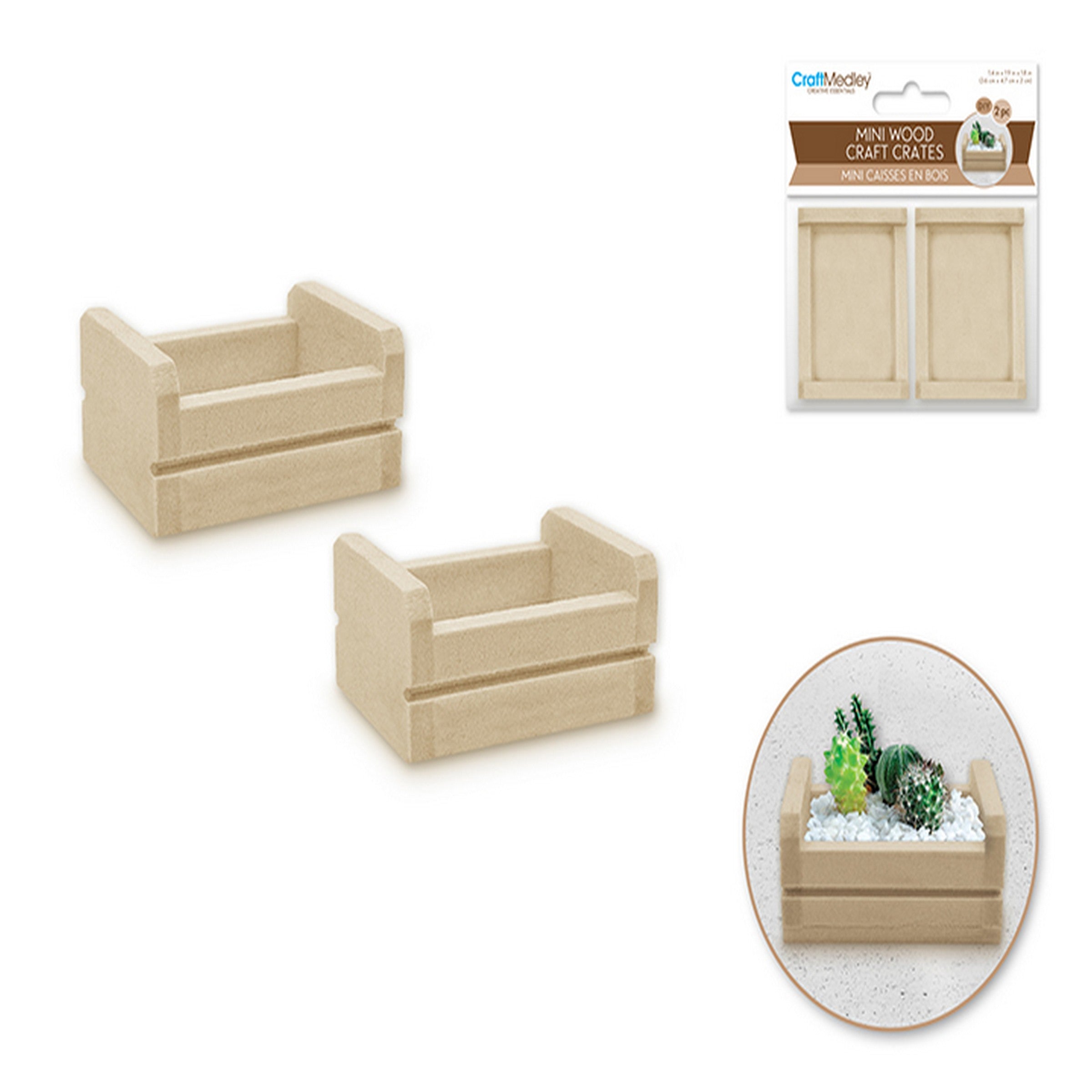 Craft Medley 2 Mini Wooden Unpainted Routered Crates 1.4x1.8x0.8in
