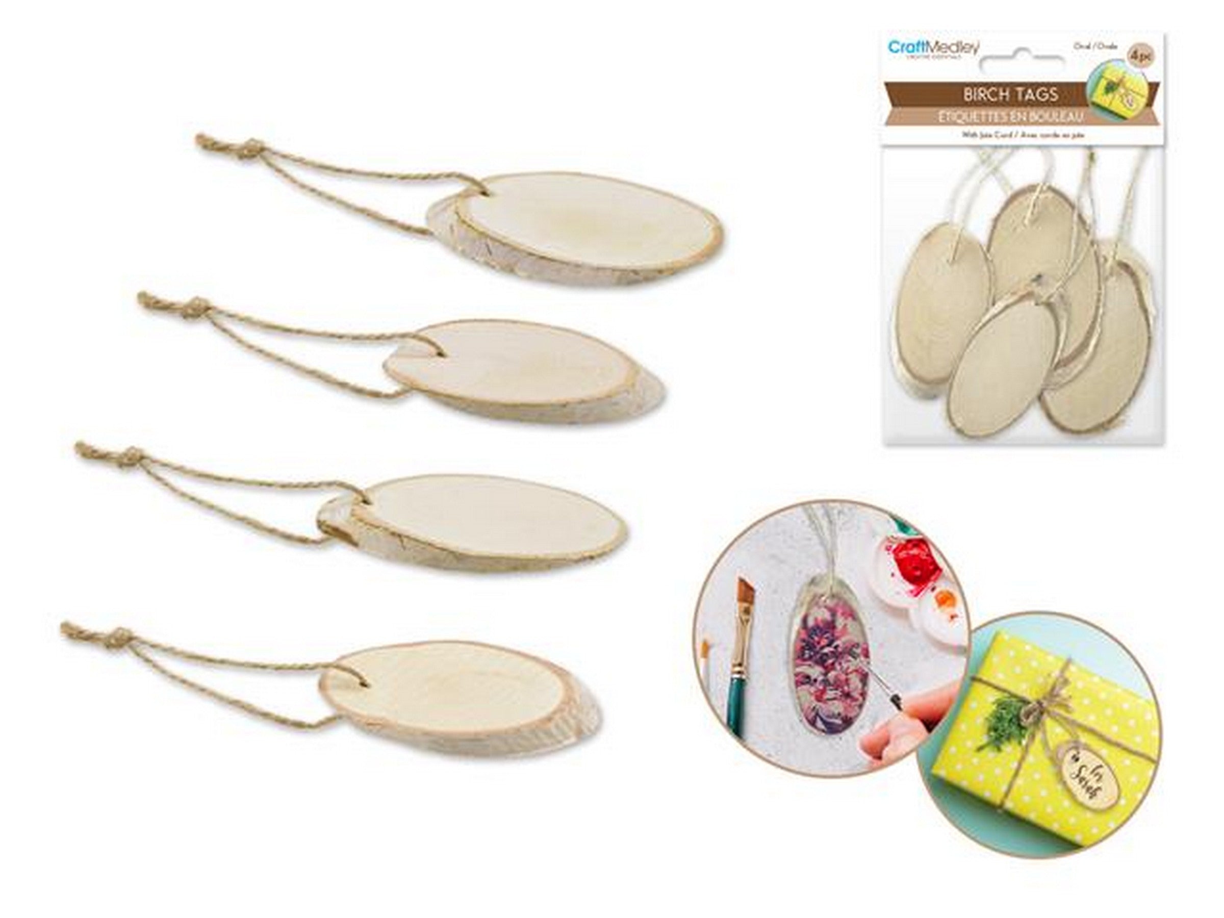 Craft Medley 4 Birch Tags with Jute Cord 2.5x1.5in
