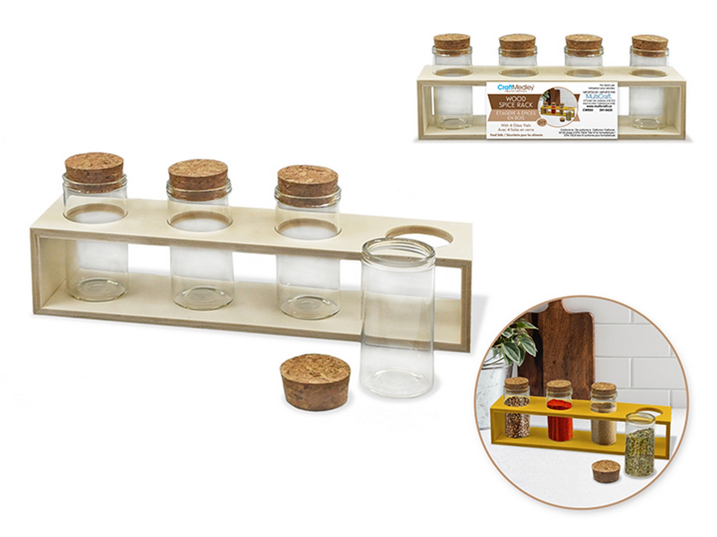 Craft Medley Spice Rack with 4 2.8in Glass Vials - Unpainted 7.8x2x2.8in 