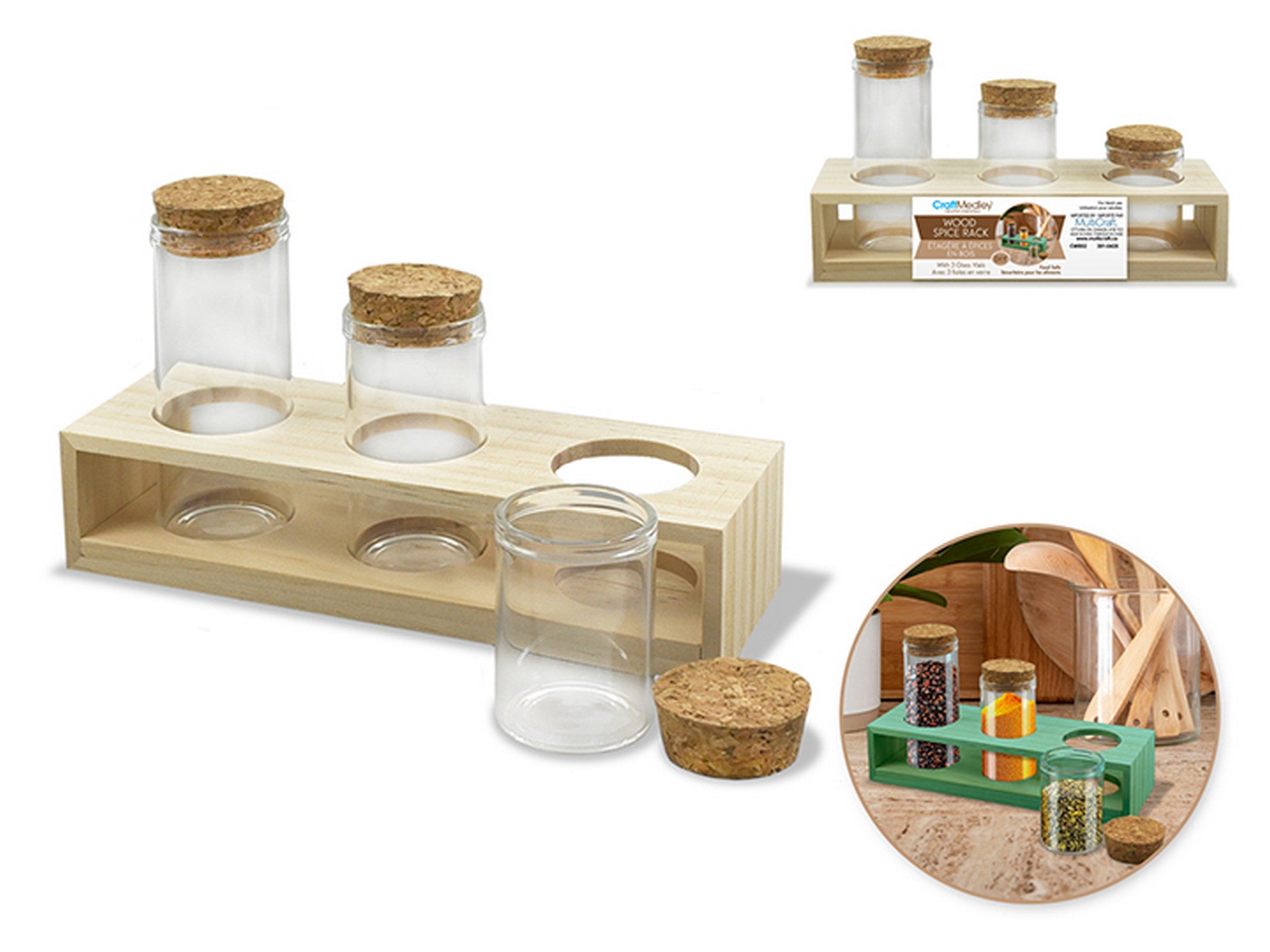 Craft Medley Spice Rack with 3 Glass Vials - Unpainted 7.2x2.4x4.1in