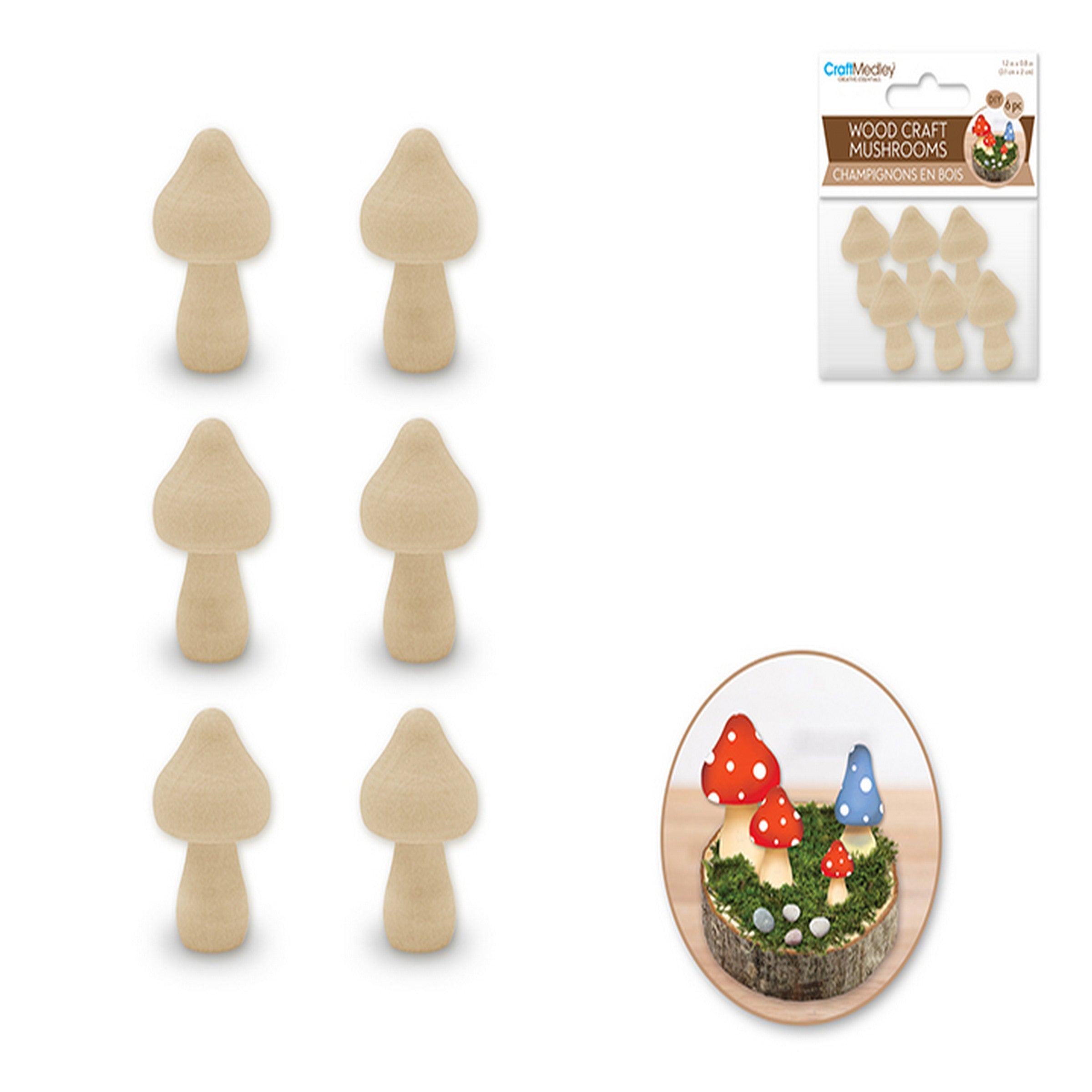Craft Medley 6 Wooden Unpainted Mushrooms 1.2x0.8in