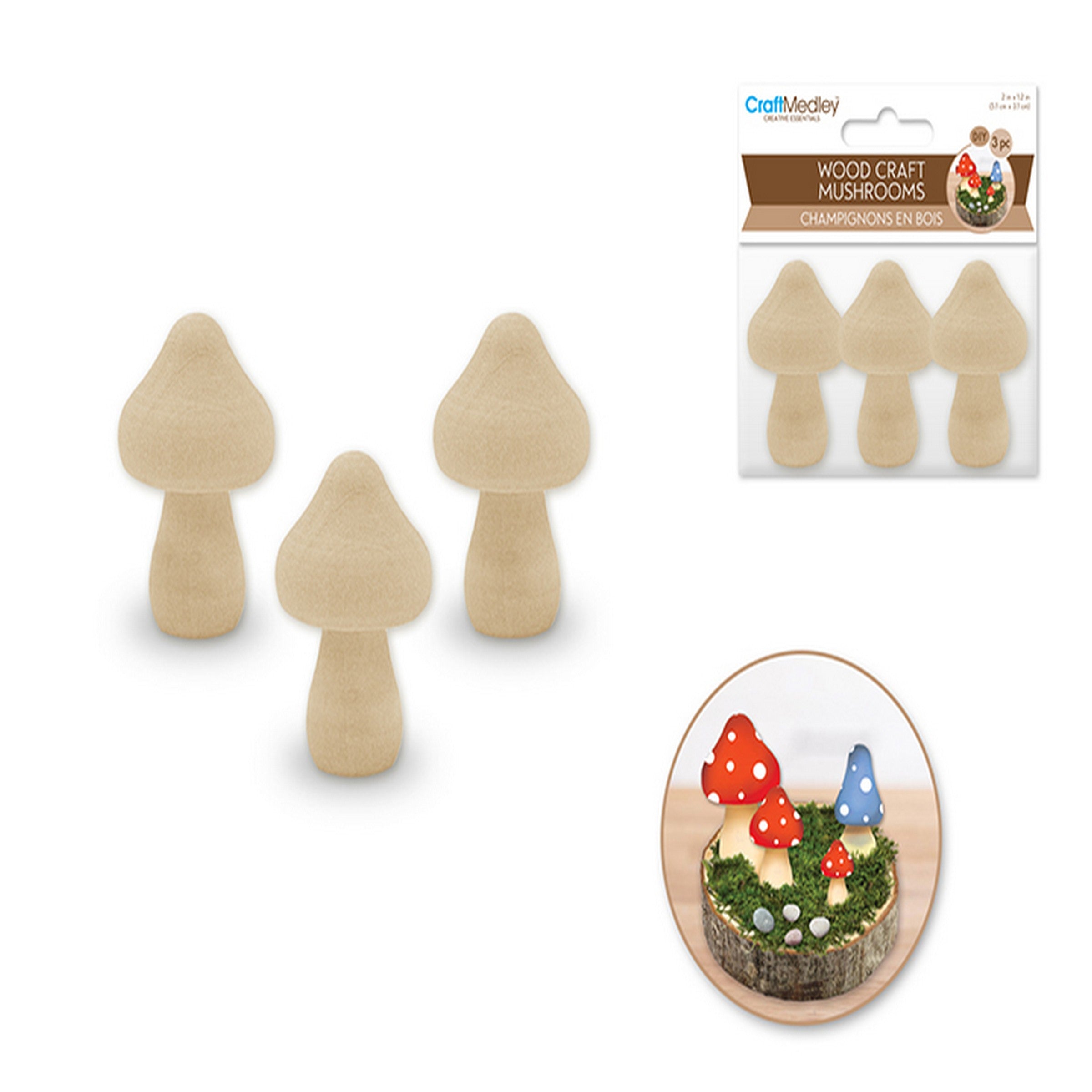 Craft Medley 3 Wooden Unpainted Mushrooms 2x1.2in