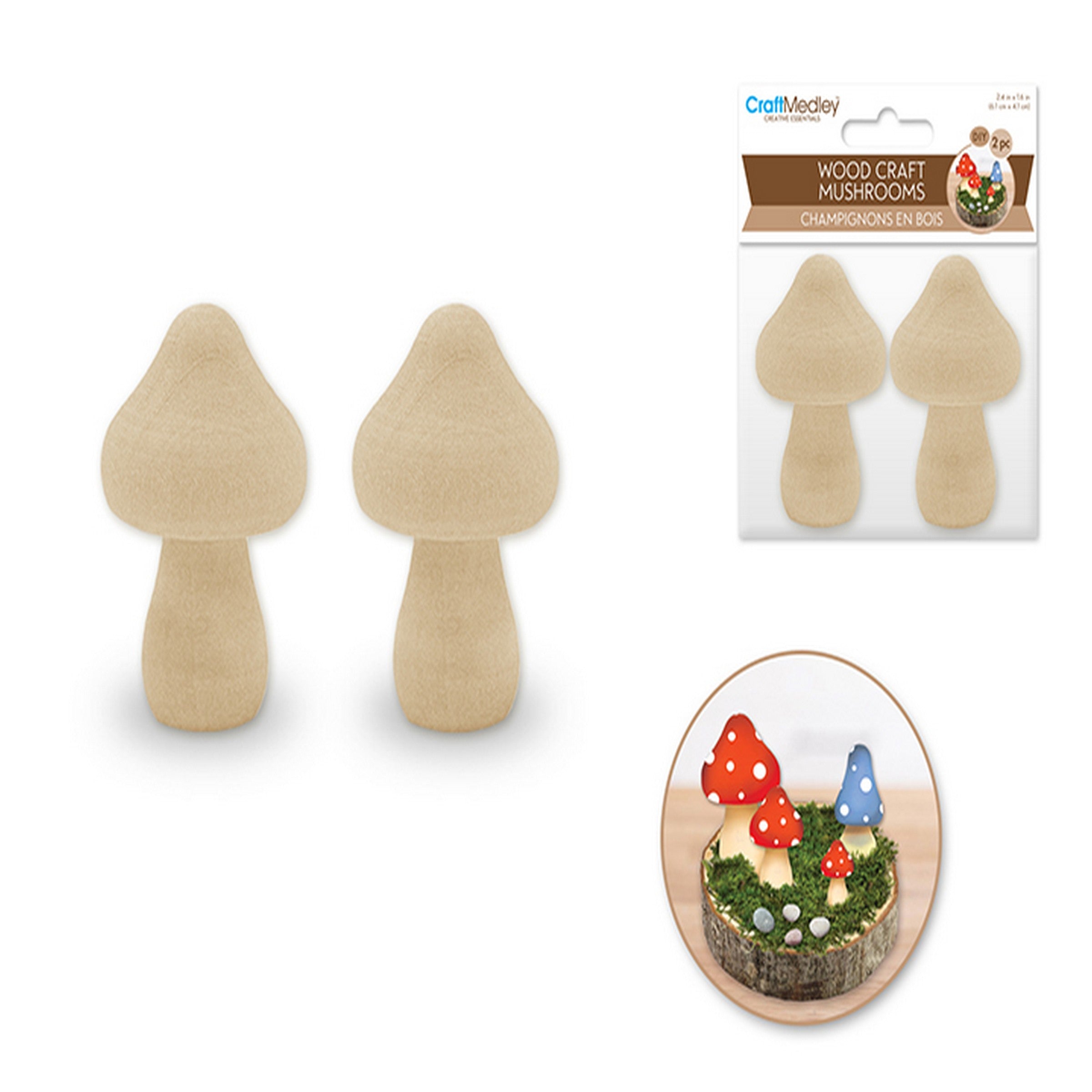 Craft Medley 2 Wooden Unpainted Mushrooms 2.4x1.6in