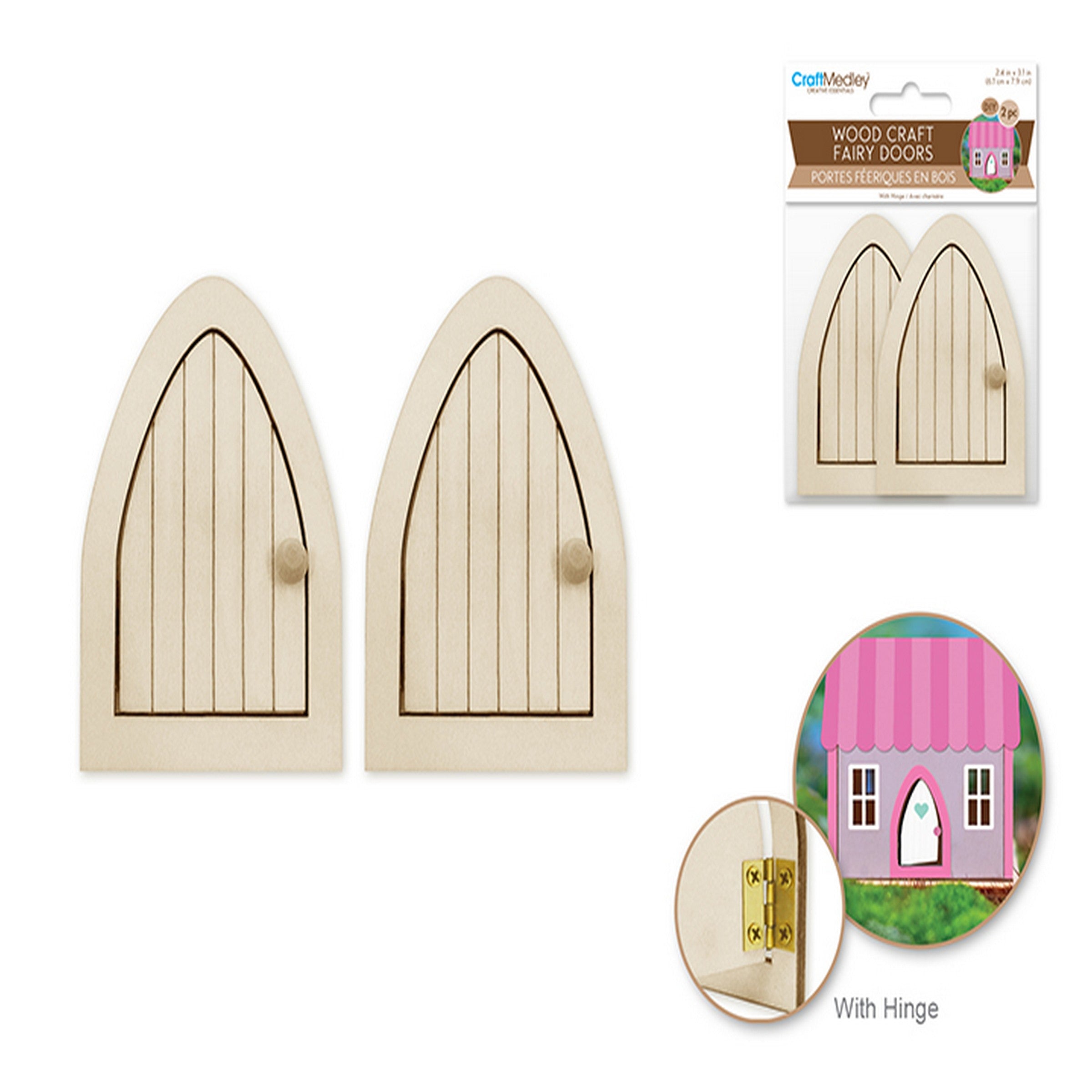 Craft Medley 2 Mini Wooden Unpainted Fairy Doors - Open with Handle and Hinge 2.4x3.1in                 