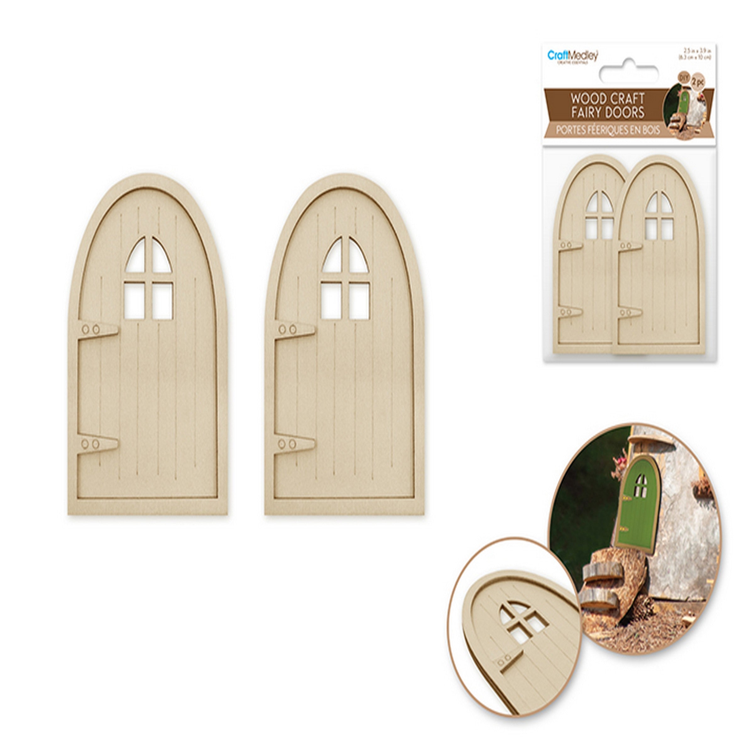 Craft Medley 2 Mini Wooden Unpainted Fairy Doors - Open with Handle and Hinge 2.4x3.1in