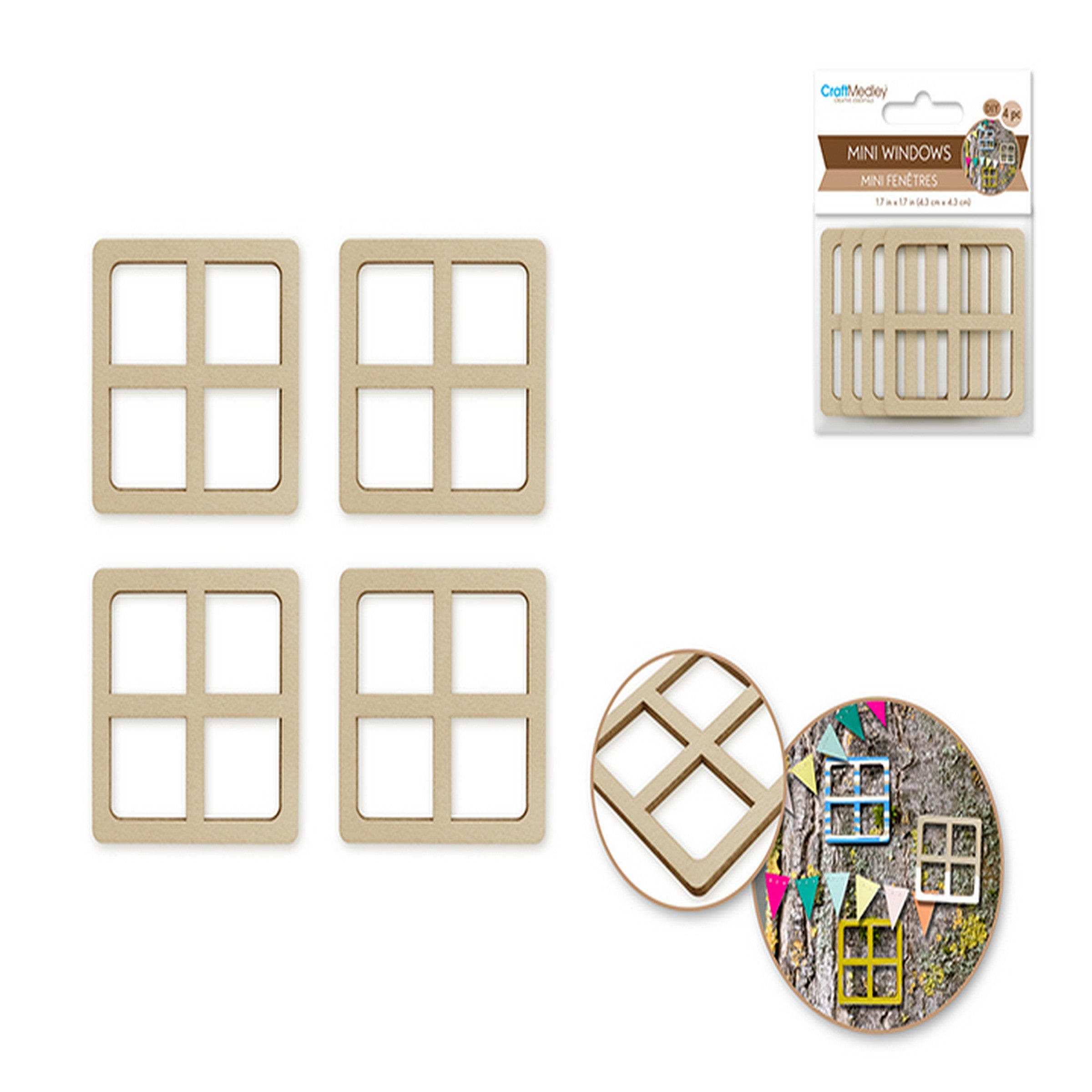 Craft Medley 4 Mini Wooden Windows - Unpainted 1.7x1.7in 