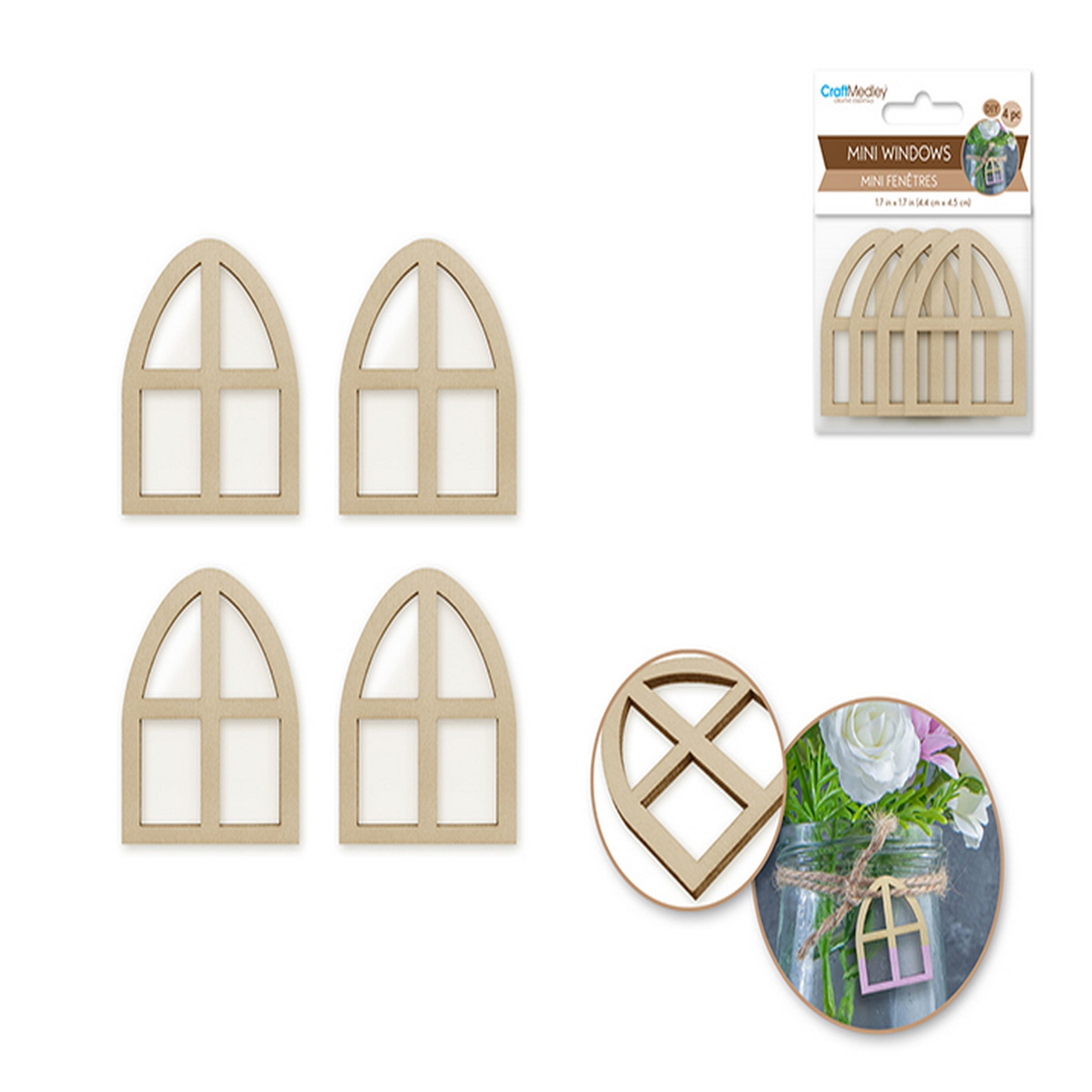 Craft Medley 4 Mini Wooden Windows - Unpainted 1.7x1.7in