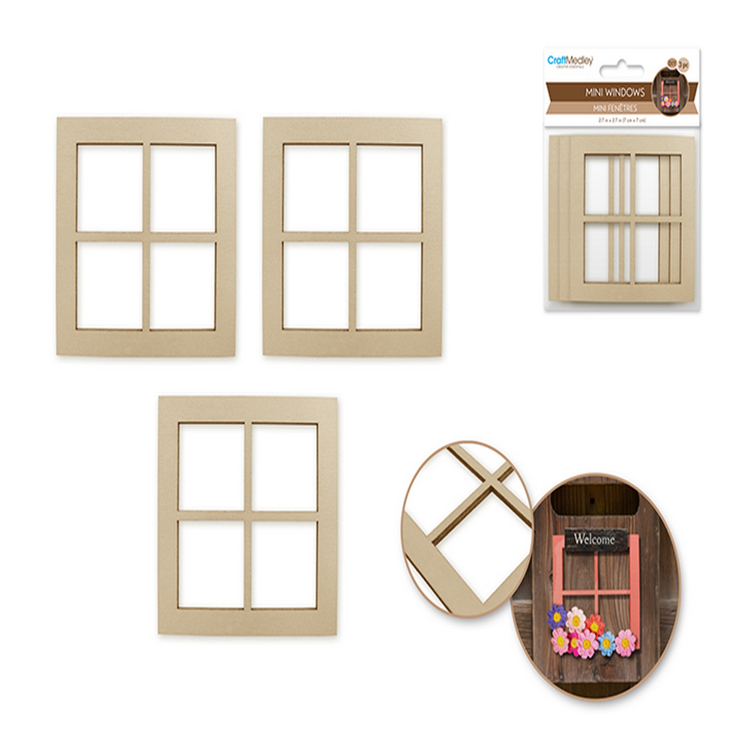Craft Medley 3 Mini Wooden Windows - Unpainted 2.7x2.7in