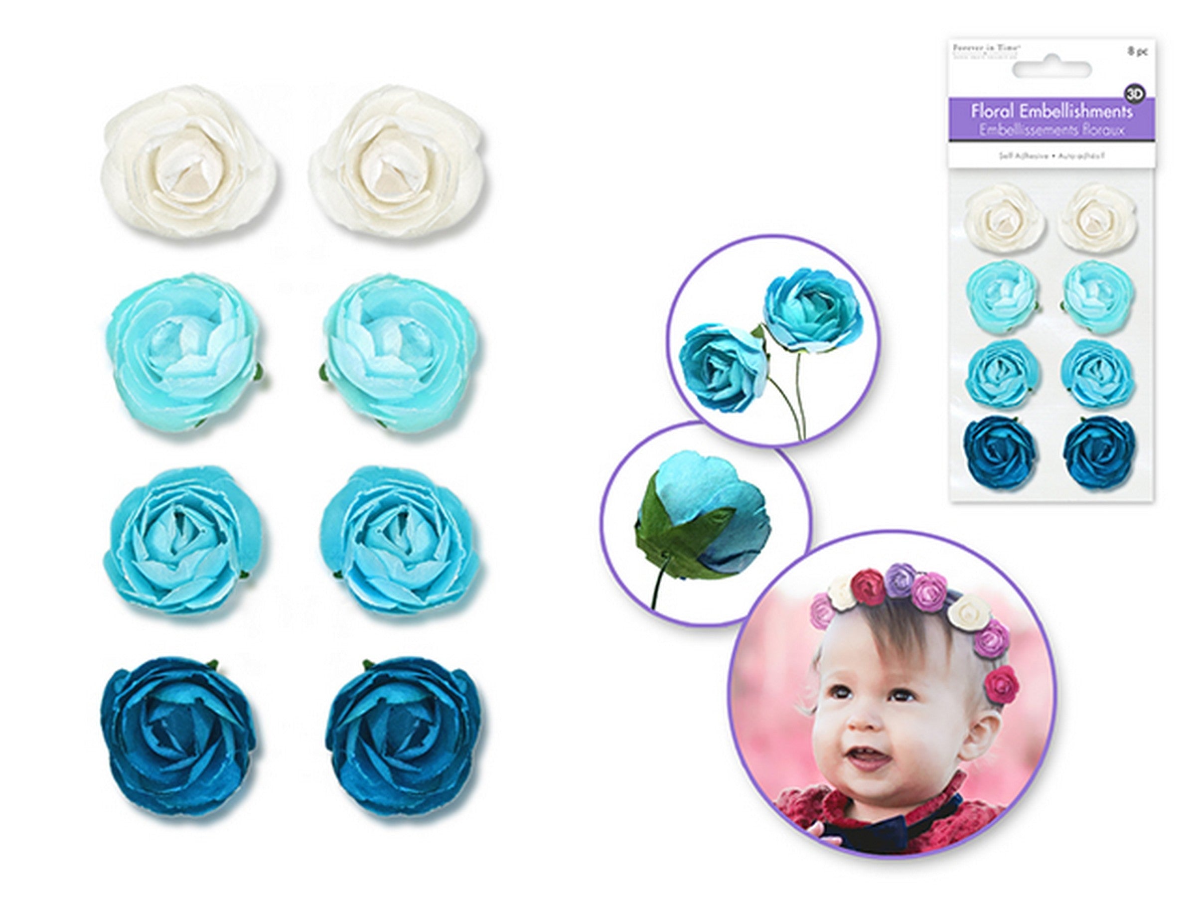 Forever in Time 8 Handmade Paper Rosebuds Flowers Blue 1.1in
