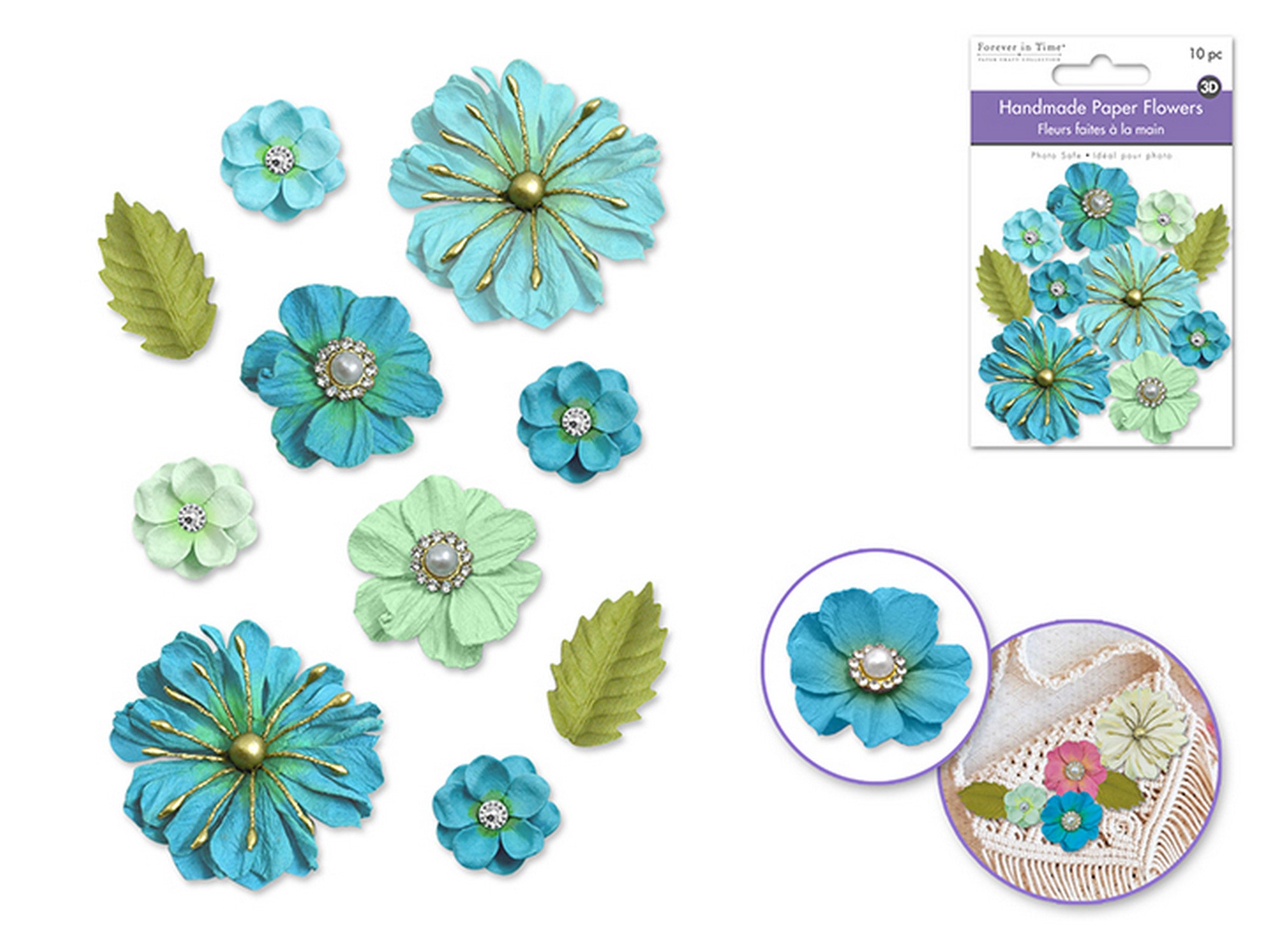 Forever in Time Handmade Paper Flowers with Pearls and Filigree 10pcs - Blue Sky 0.8in - 1.8in