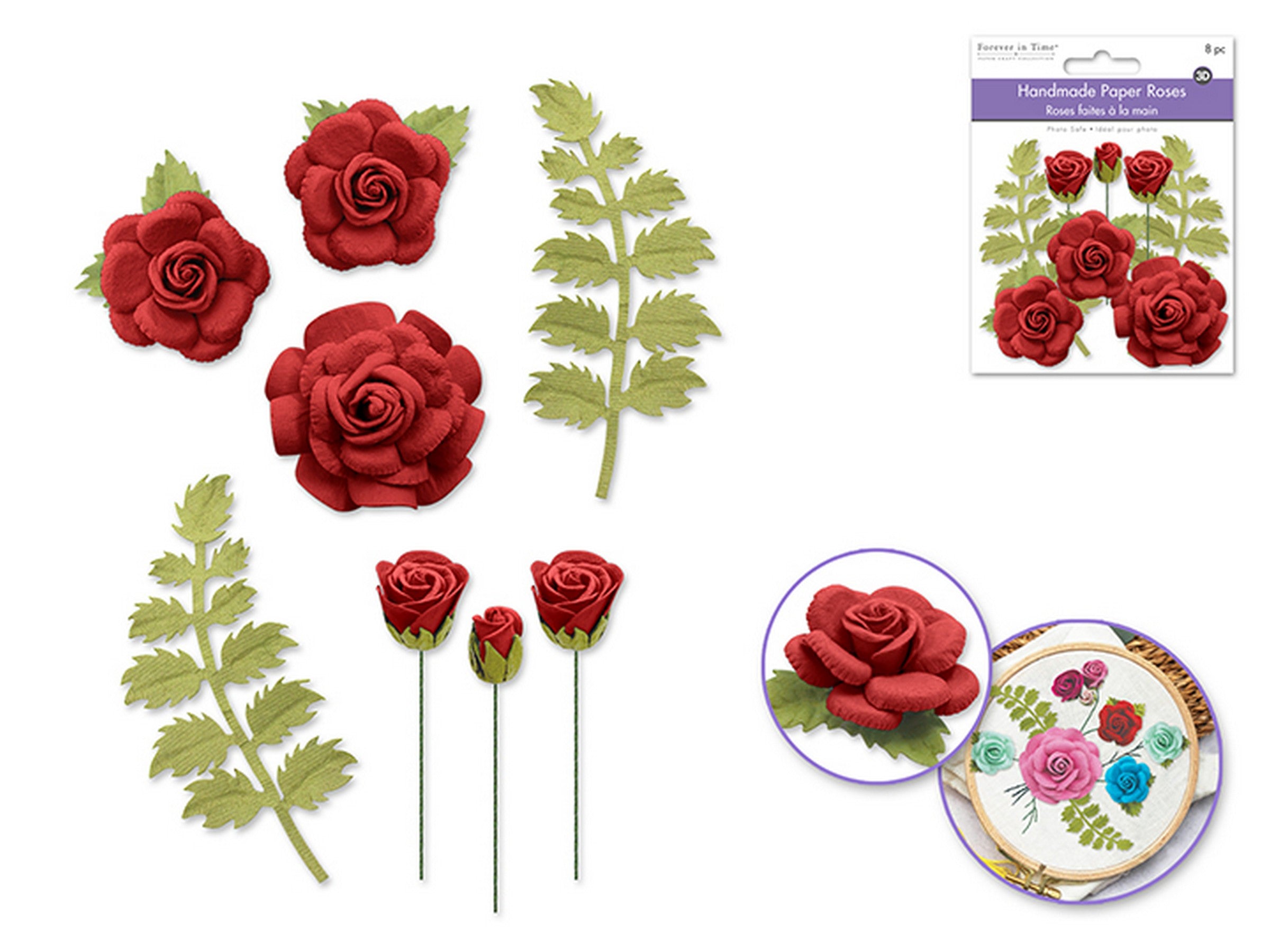 Forever in Time Handmade Paper Roses with Crinkle Leaves 8pcs - Roses are Red 1in - 2in