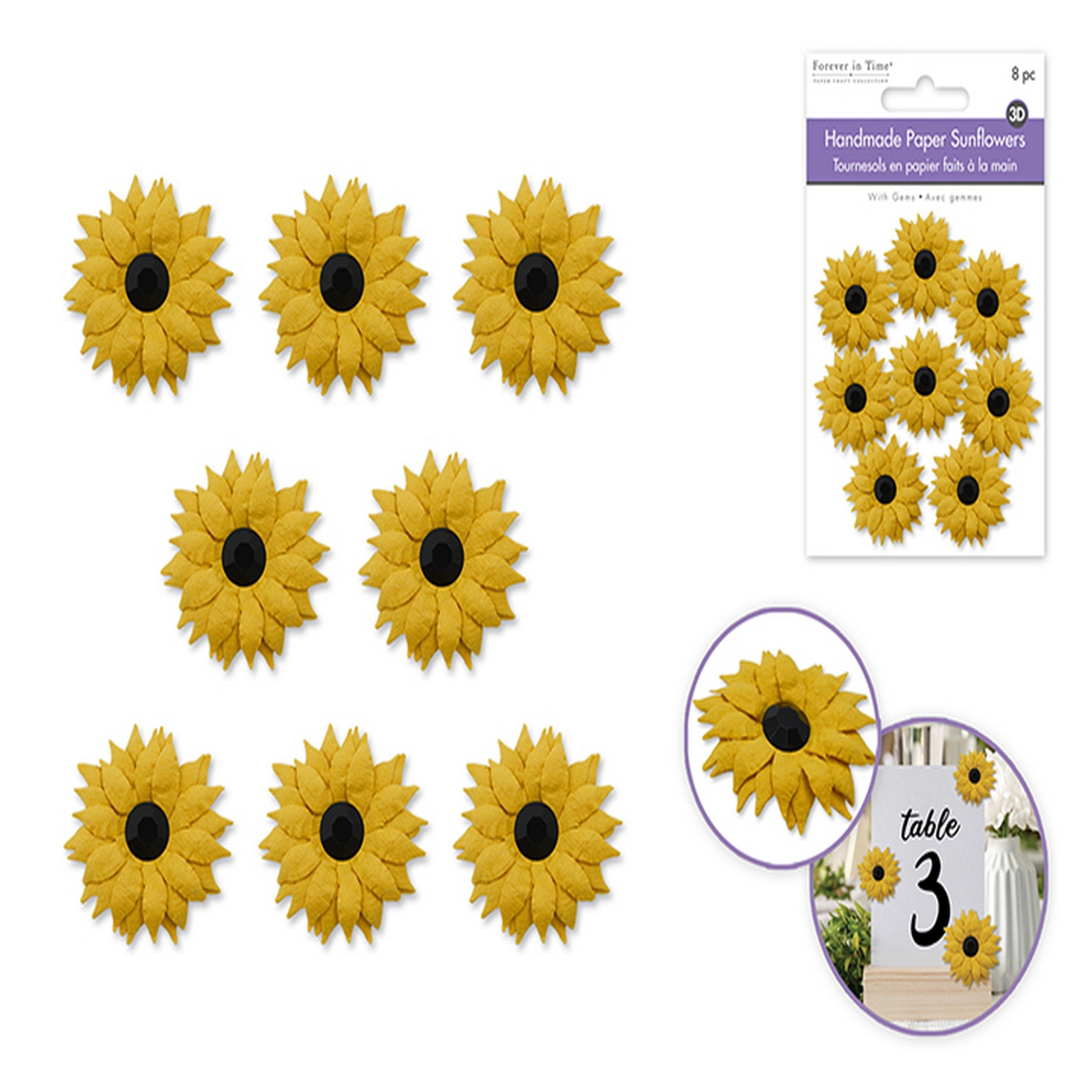 Forever in Time 8 3D Handmade Sunflowers - Paper with Gem 1.25in