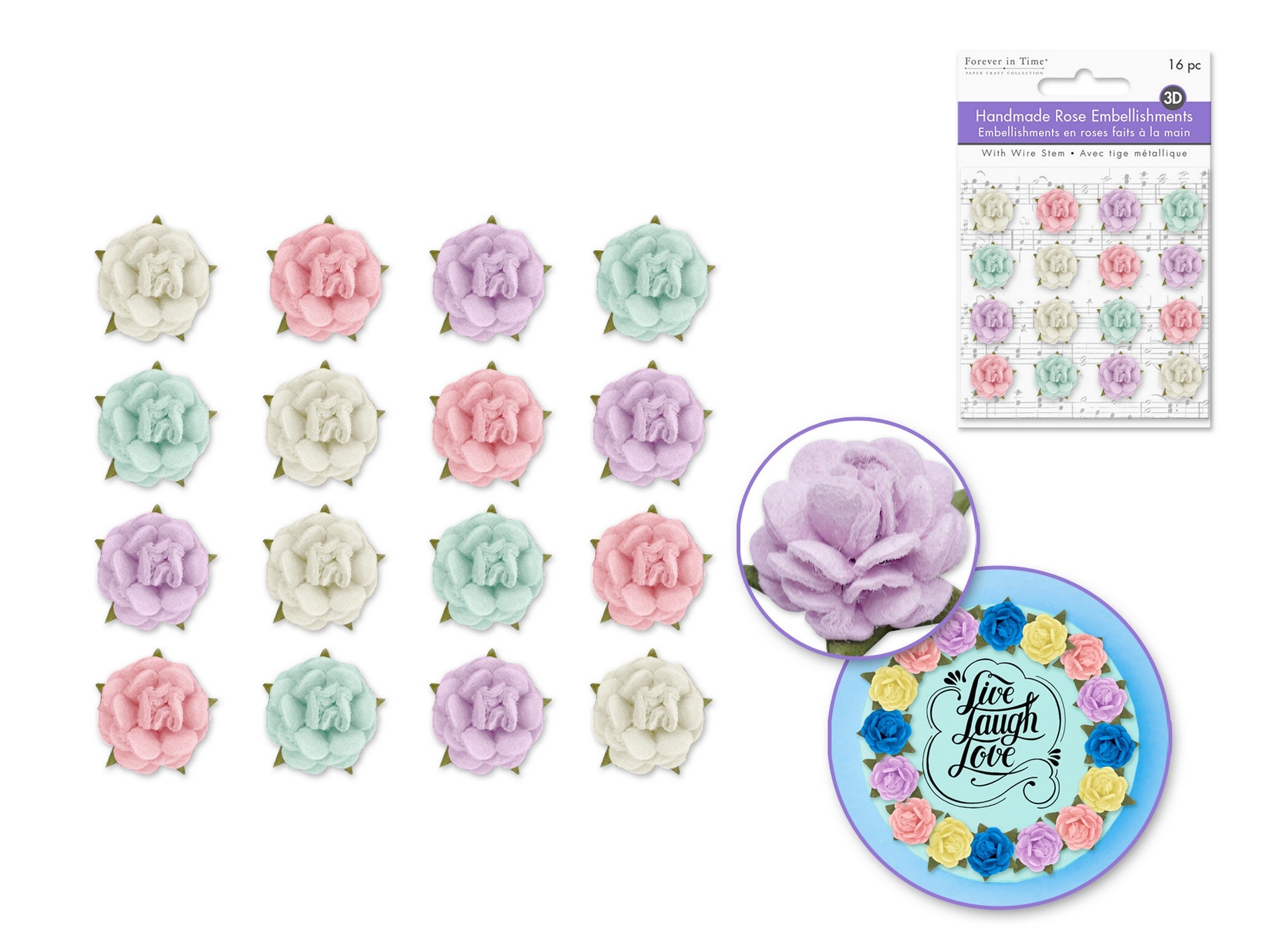 Forever in Time 16 3D Handmade Micro Paper Roses with Wire Stems - Pastel 0.6in