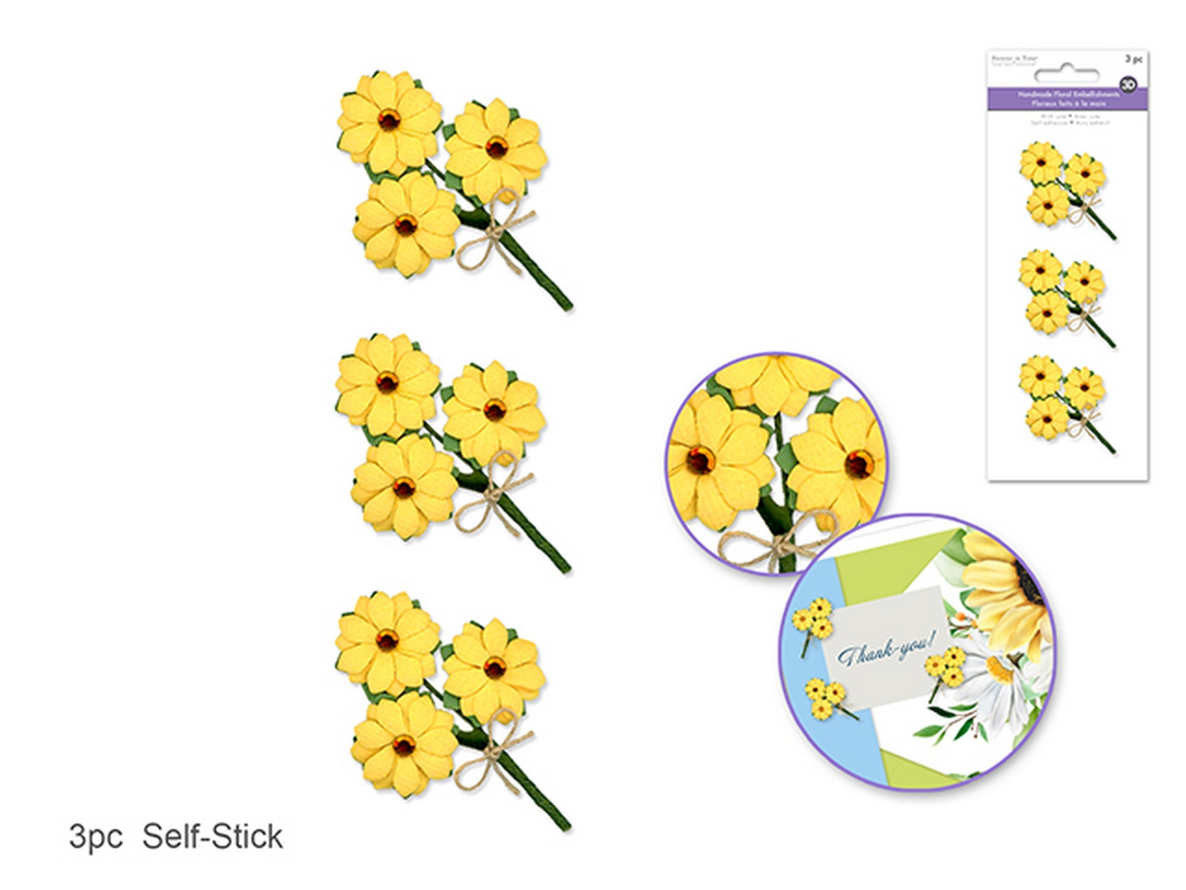Forever in Time 3 Handmade Floral Embellishments Sunflowers 3D 2in