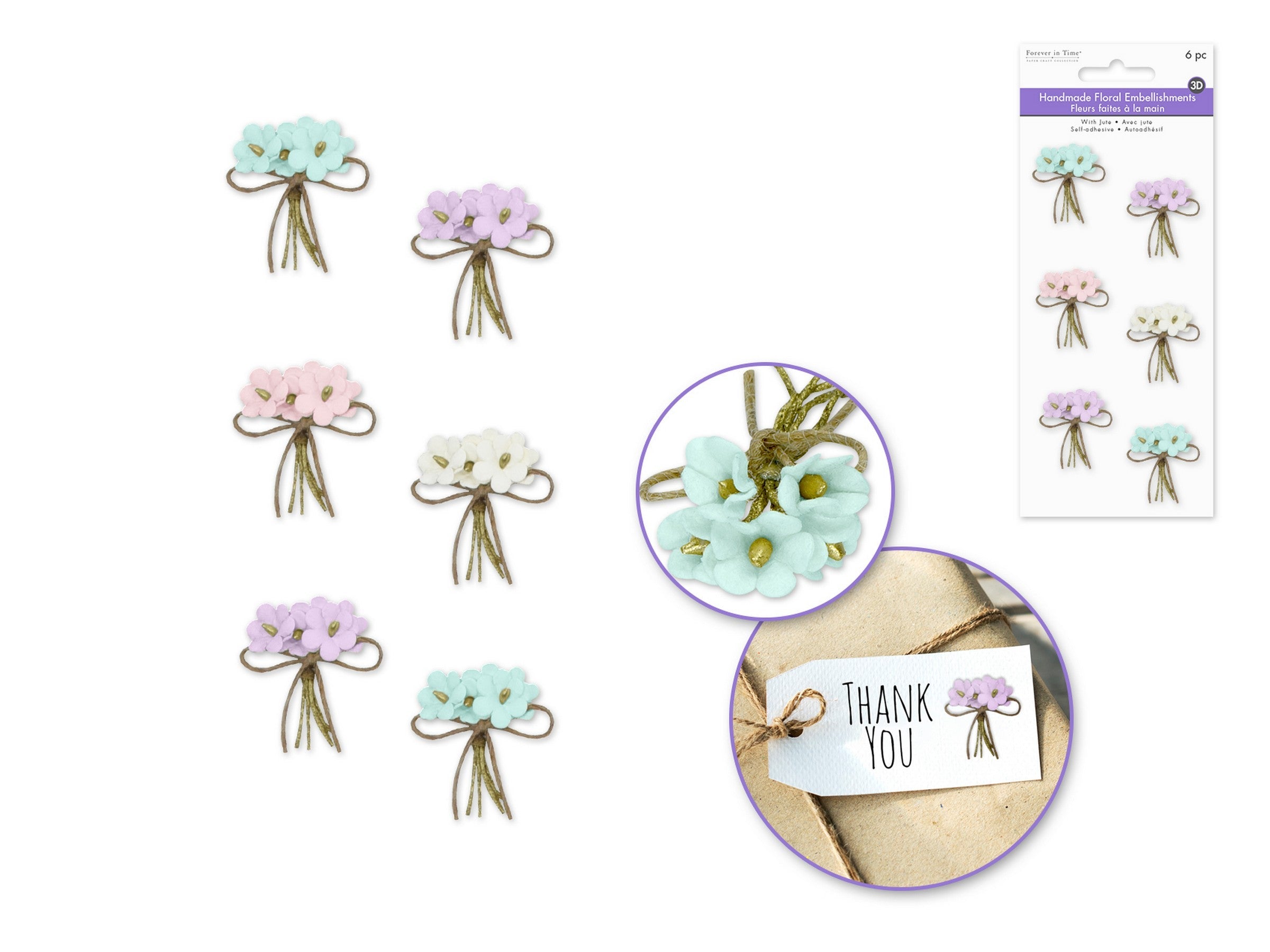 Forever in Time 6pcs 3D Handmade Paper Self-Stick Flower Bouquet with Jute - Pastel 1.25x0.75in