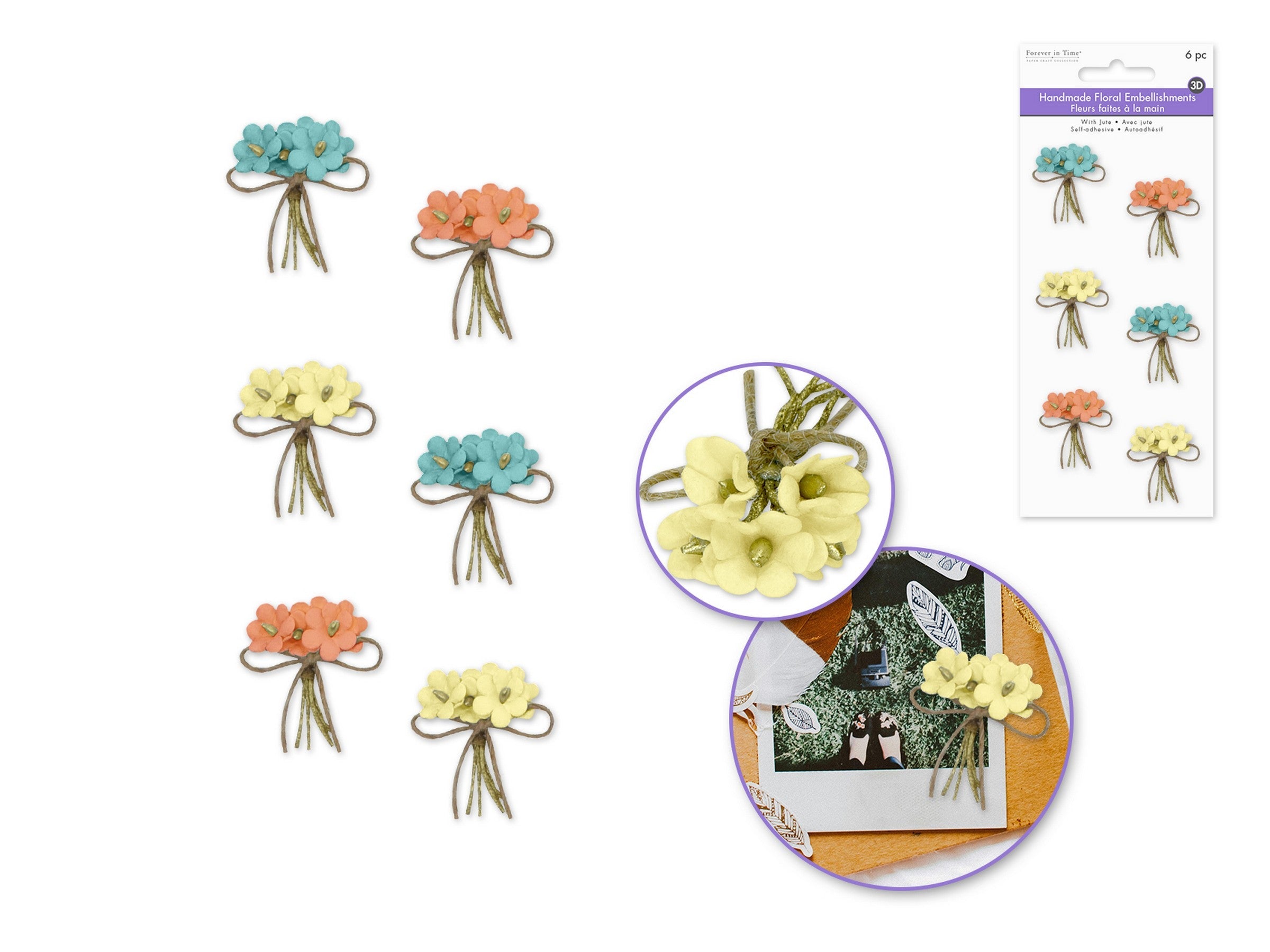 Forever in Time 6pcs 3D Handmade Paper Self-Stick Flower Bouquet with Jute - Paradise 1.25x0.75in