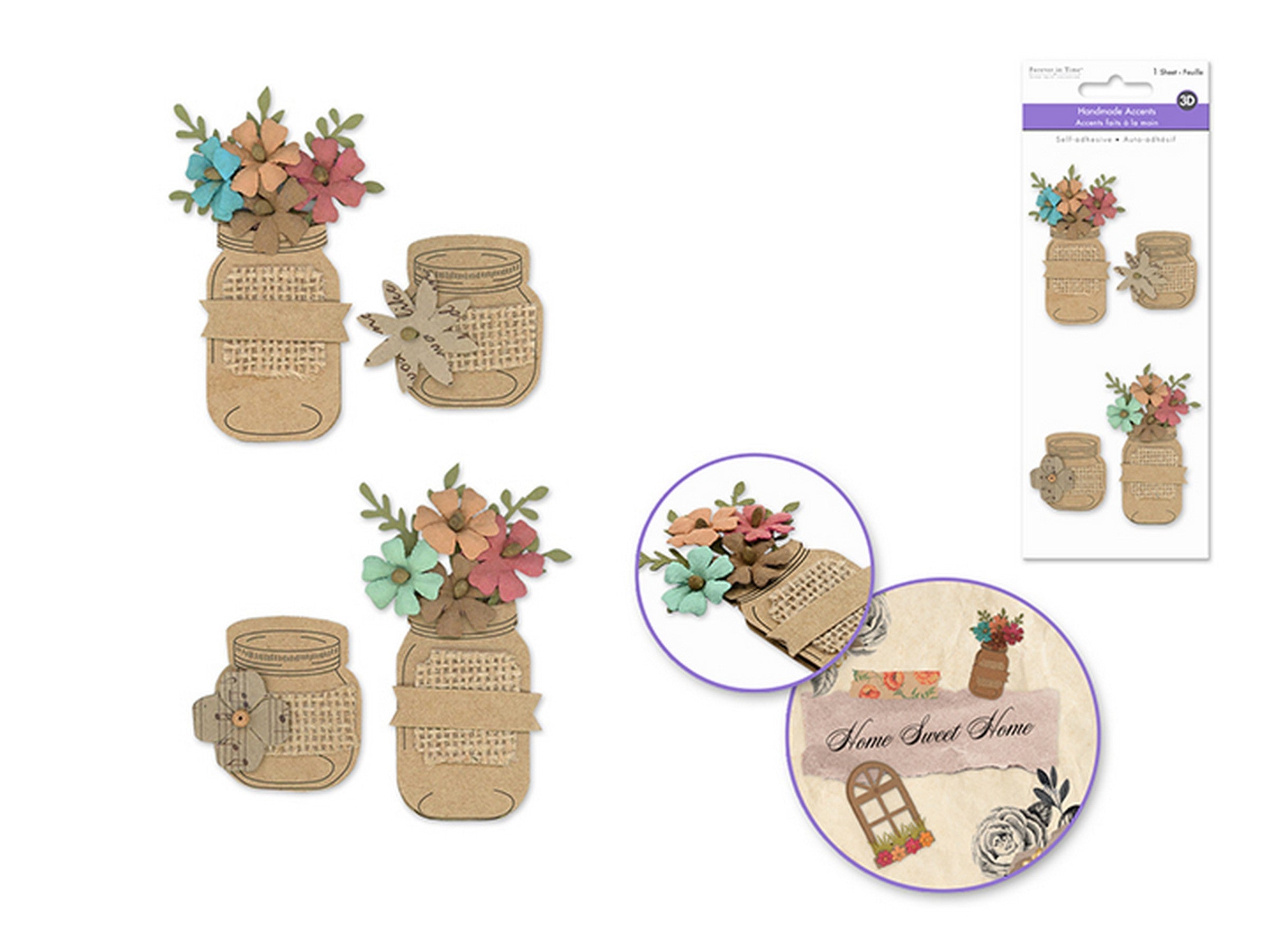 Forever in Time 4 3D Handmade Flower Accent Stickers Mason Jars 1.4x1.25in - 3x1.75in