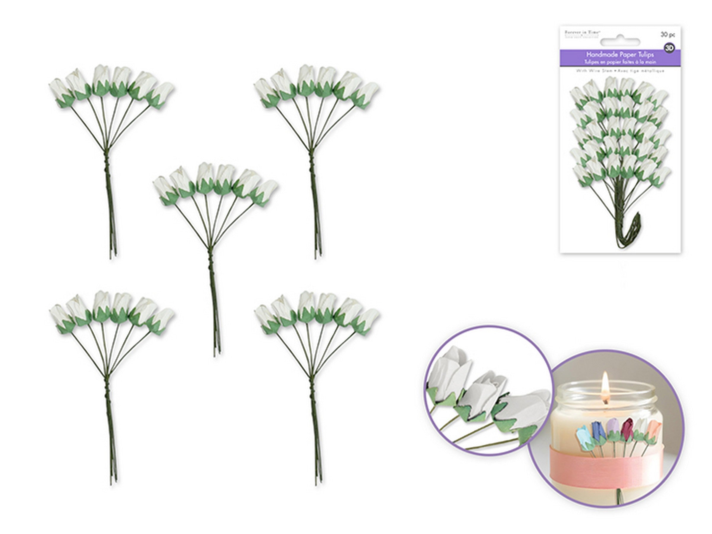 Forever in Time Handmade Paper Tulips with Wire Stem 30pcs - White 0.6in 