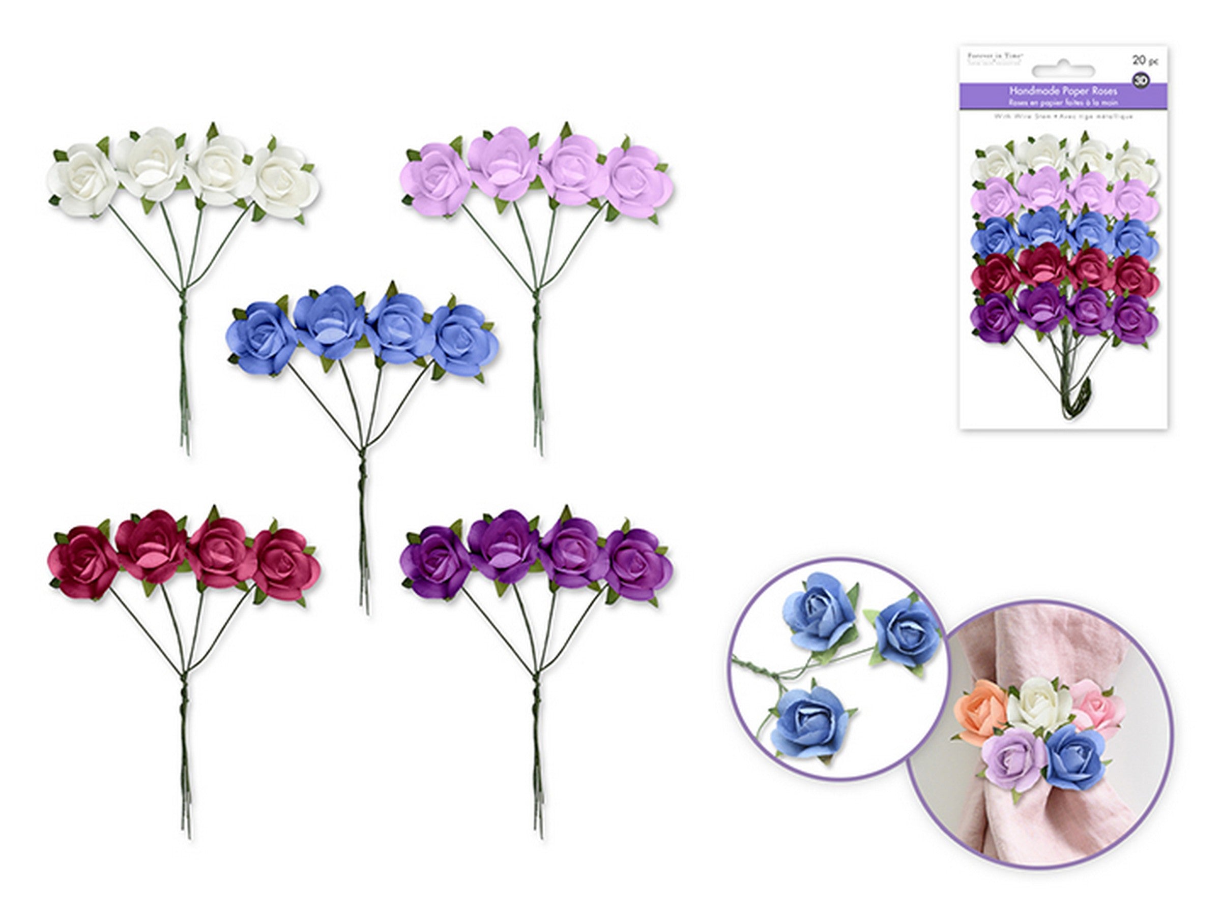 Forever in Time Handmade Paper Roses with Wire Stem 20pcs - Bold 0.9in 