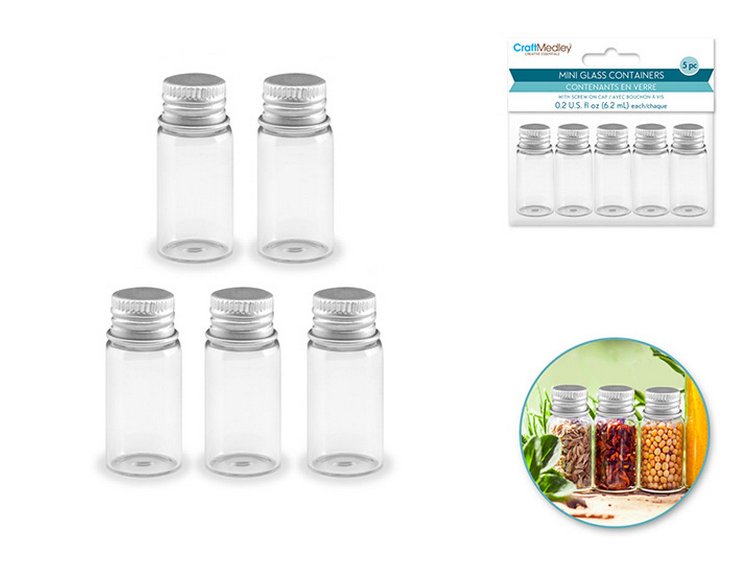 Craft Medley 5 Mini Glass Containers with Screw-on Cap 0.2oz