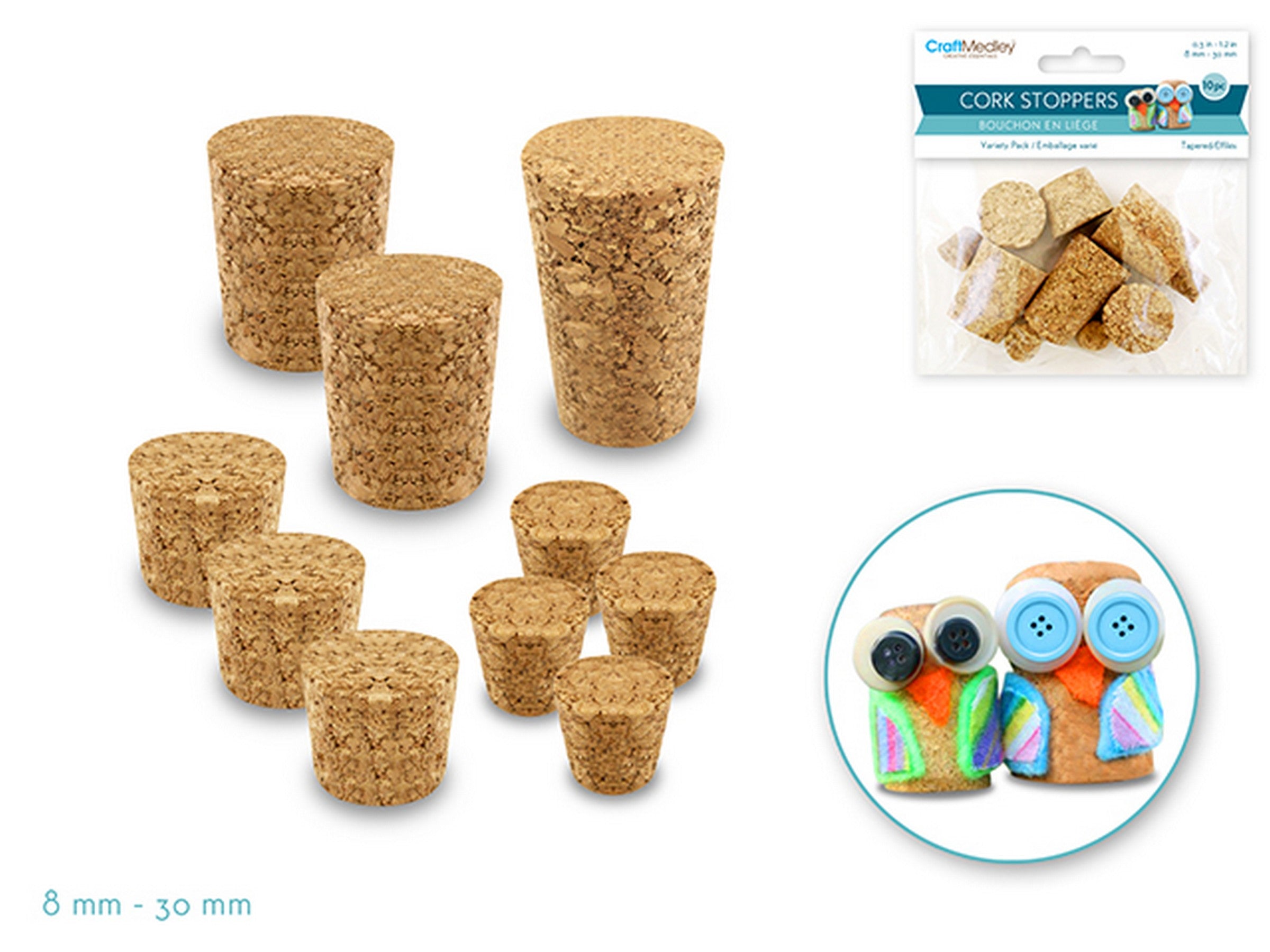 Craft Medley 10 Tapered Cork Stoppers 0.3in to 1.2in