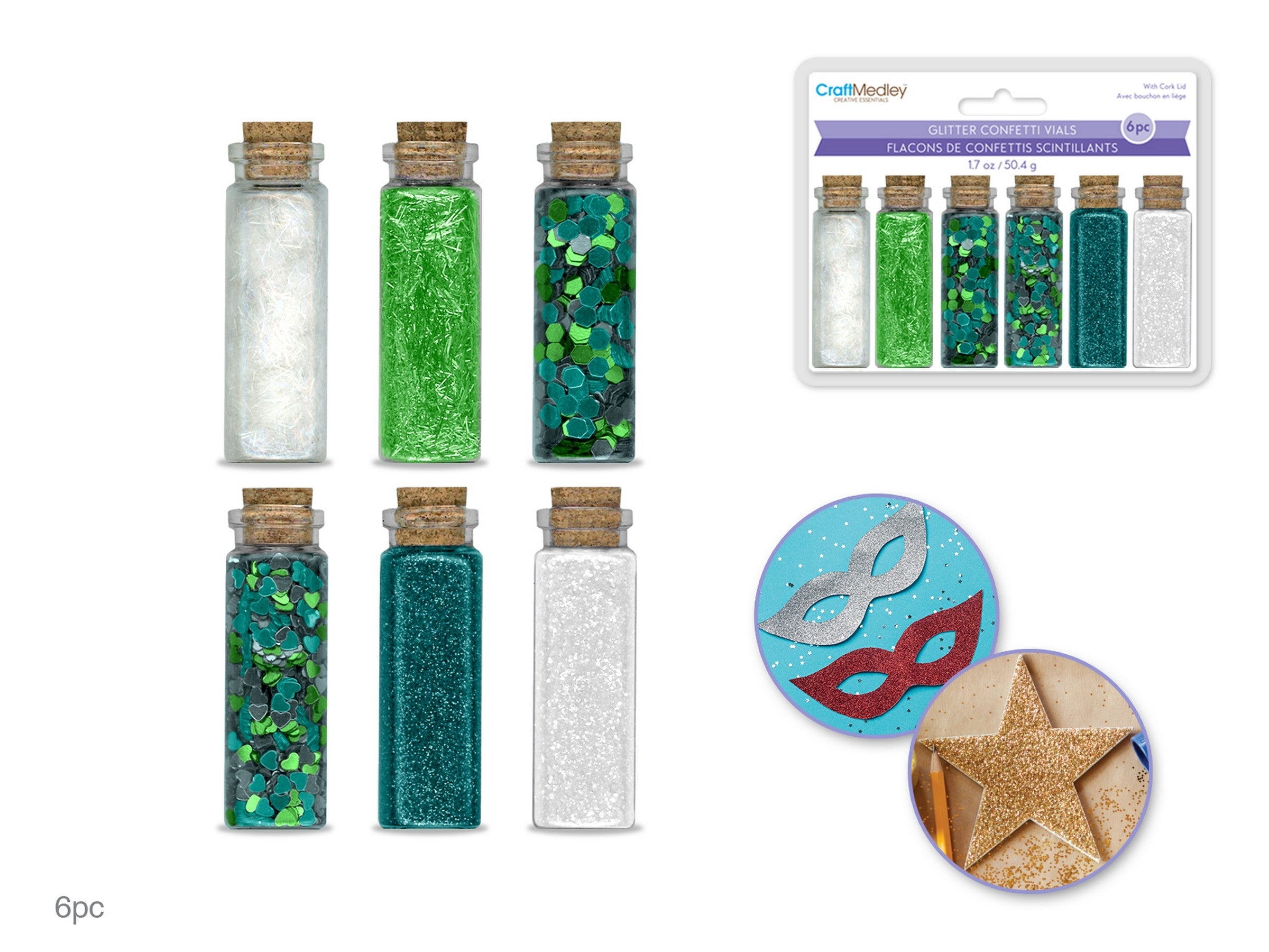 Craft Medley 6 Glitter Confetti Vials Green 1.7oz