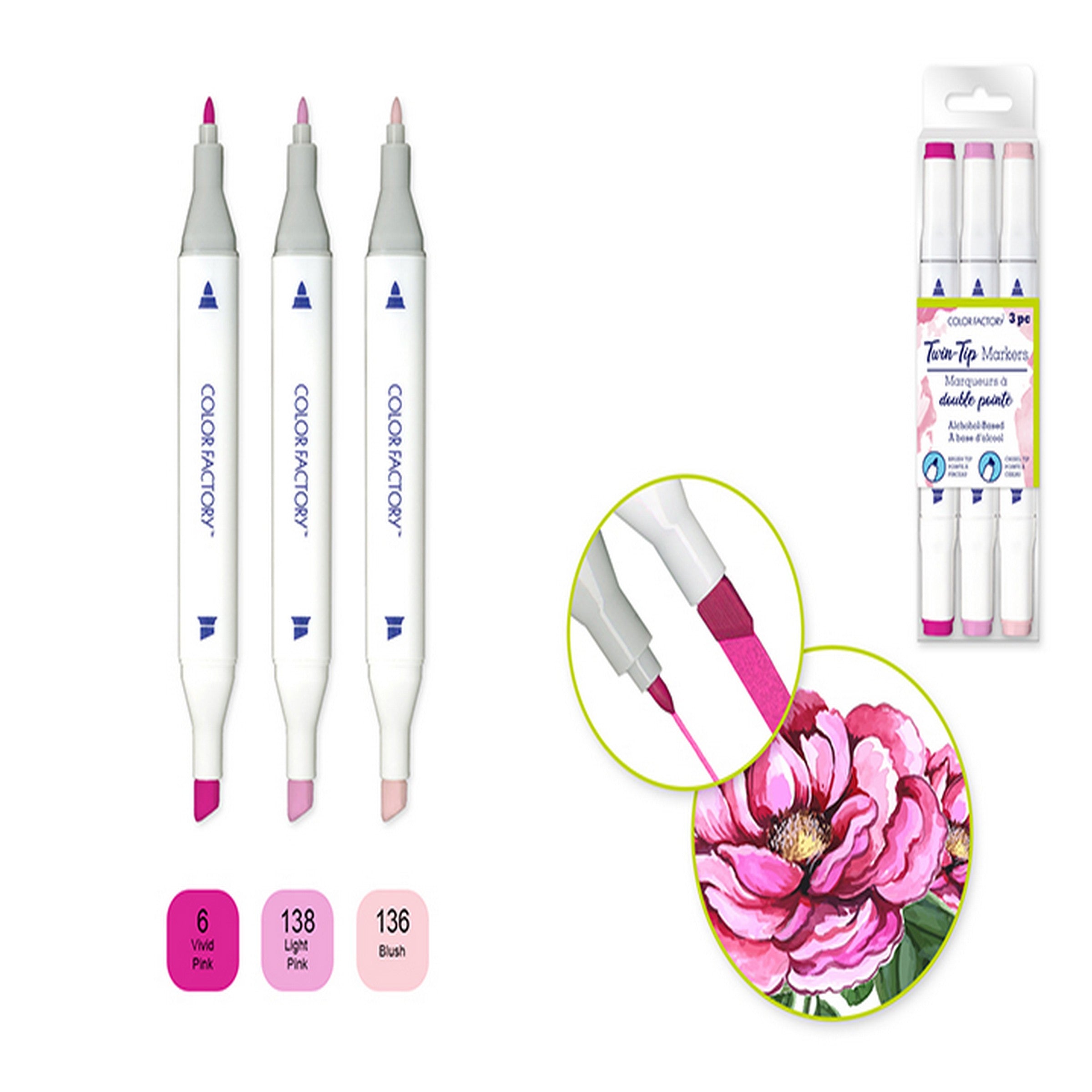 Color Factory 3 Alcohol Based Twin Markers - Pinks - Fine and Chisel Tips 