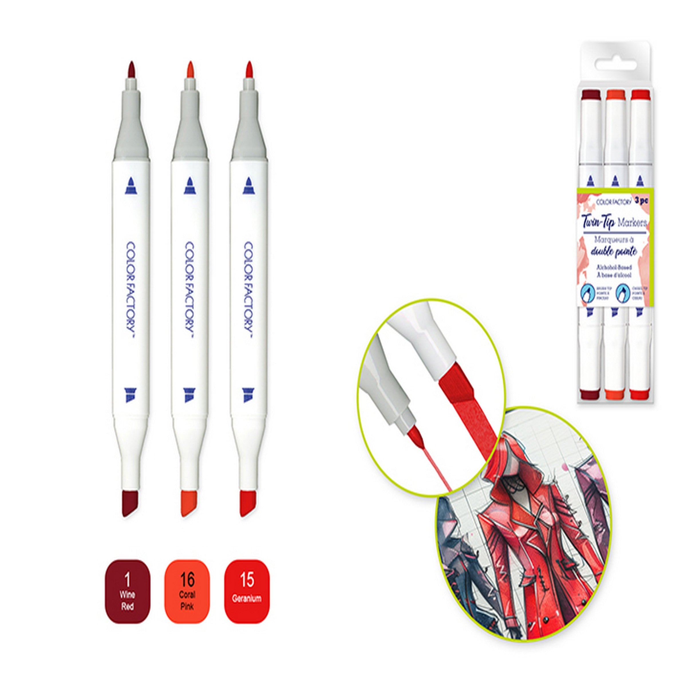 Color Factory 3 Alcohol Based Twin Markers - Reds - Fine and Chisel Tips 
