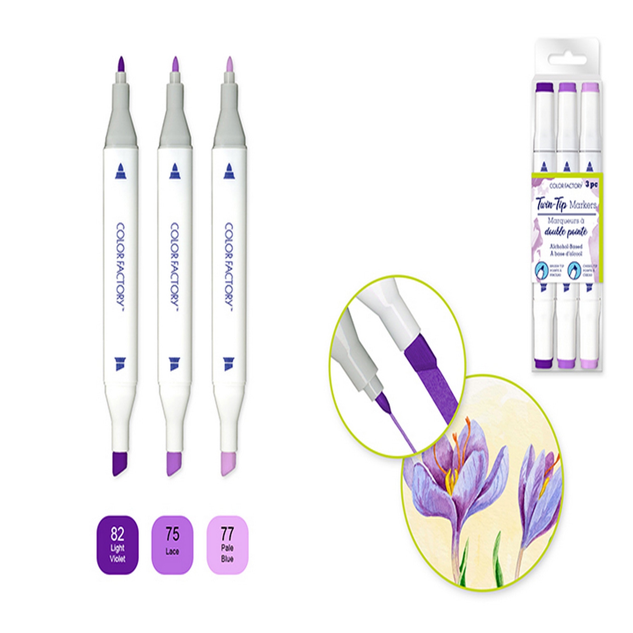 Color Factory 3 Alcohol Based Twin Markers - Purples - Fine and Chisel Tips 