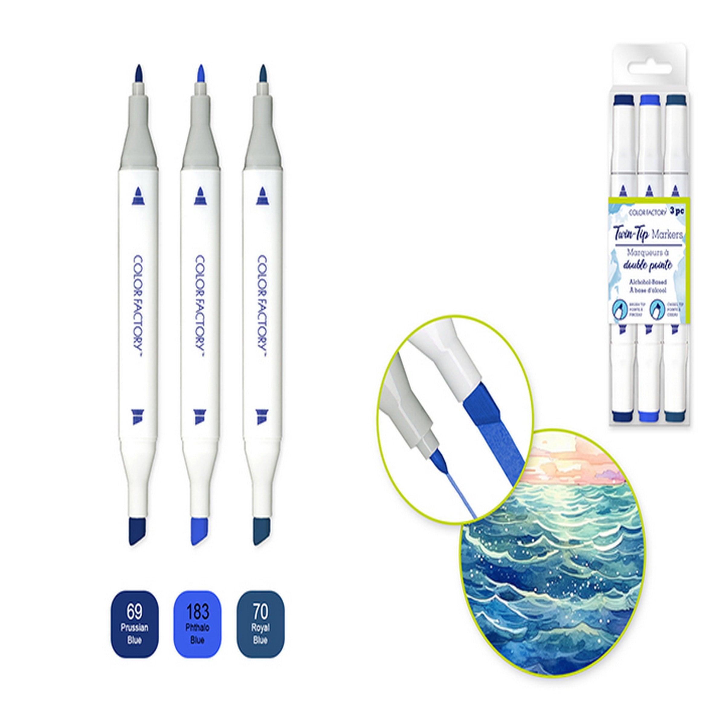 Color Factory 3 Alcohol Based Twin Markers - Blues - Fine and Chisel Tips 