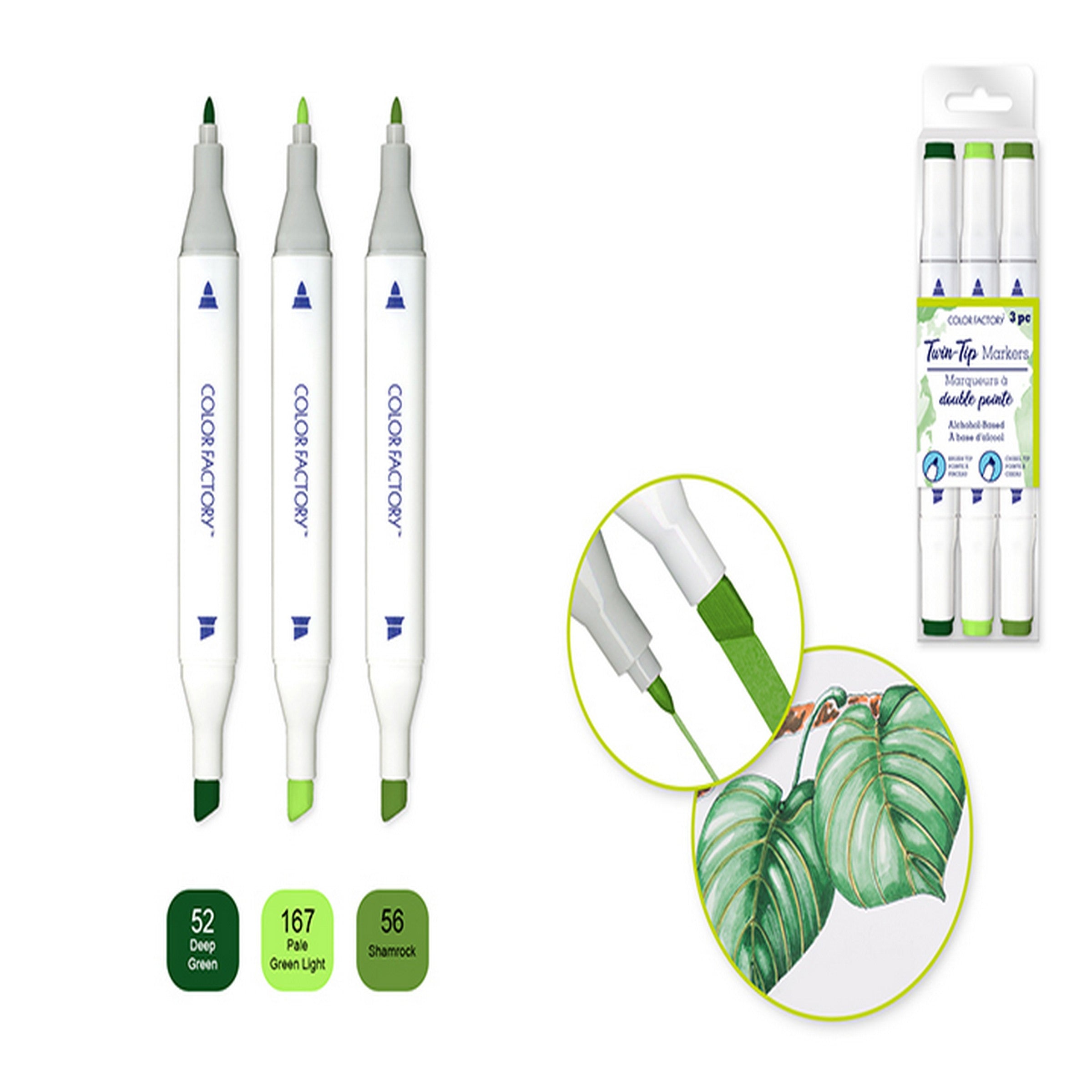 Color Factory 3 Alcohol Based Twin Markers - Greens - Fine and Chisel Tips 