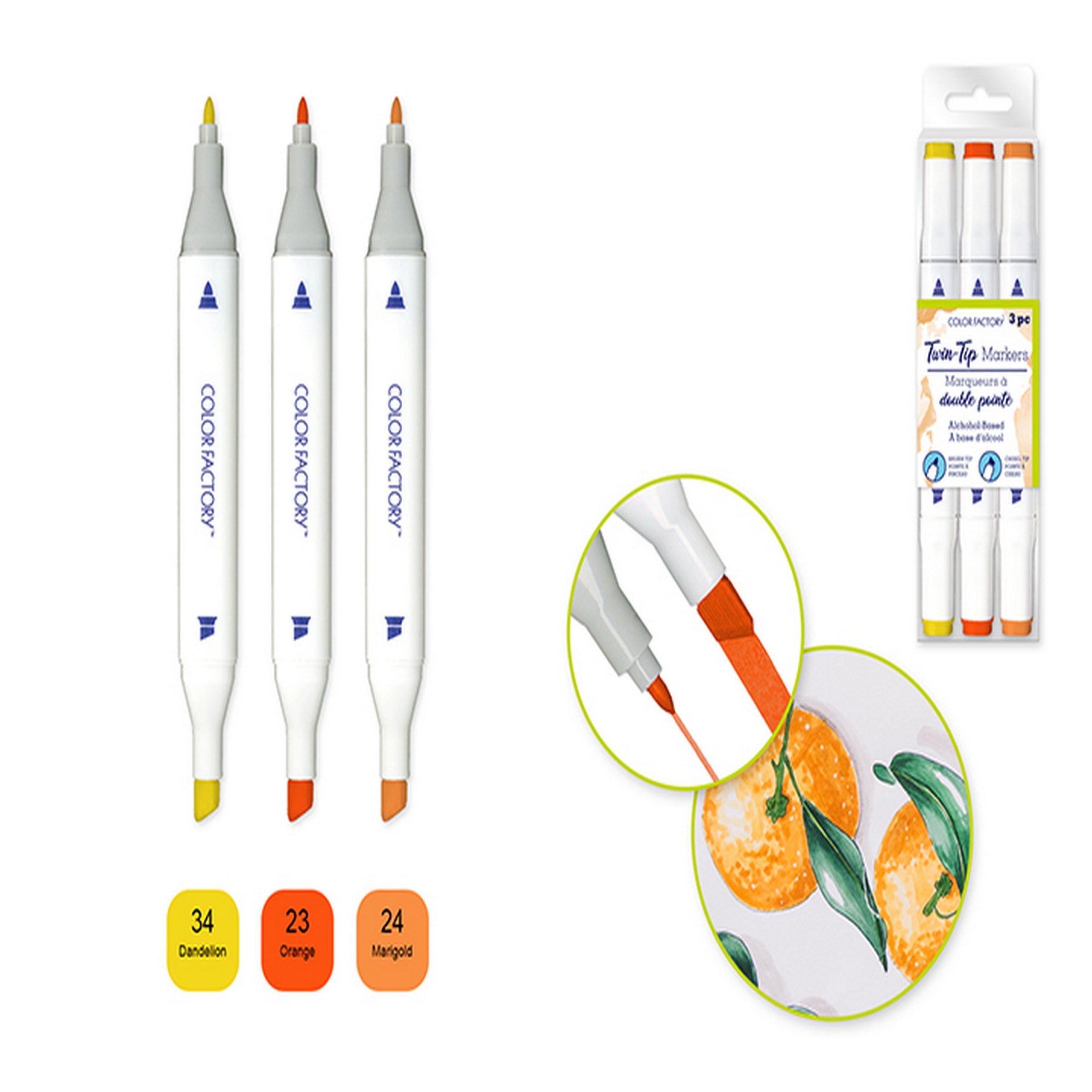 Color Factory 3 Alcohol Based Twin Markers - Oranges - Fine and Chisel Tips 