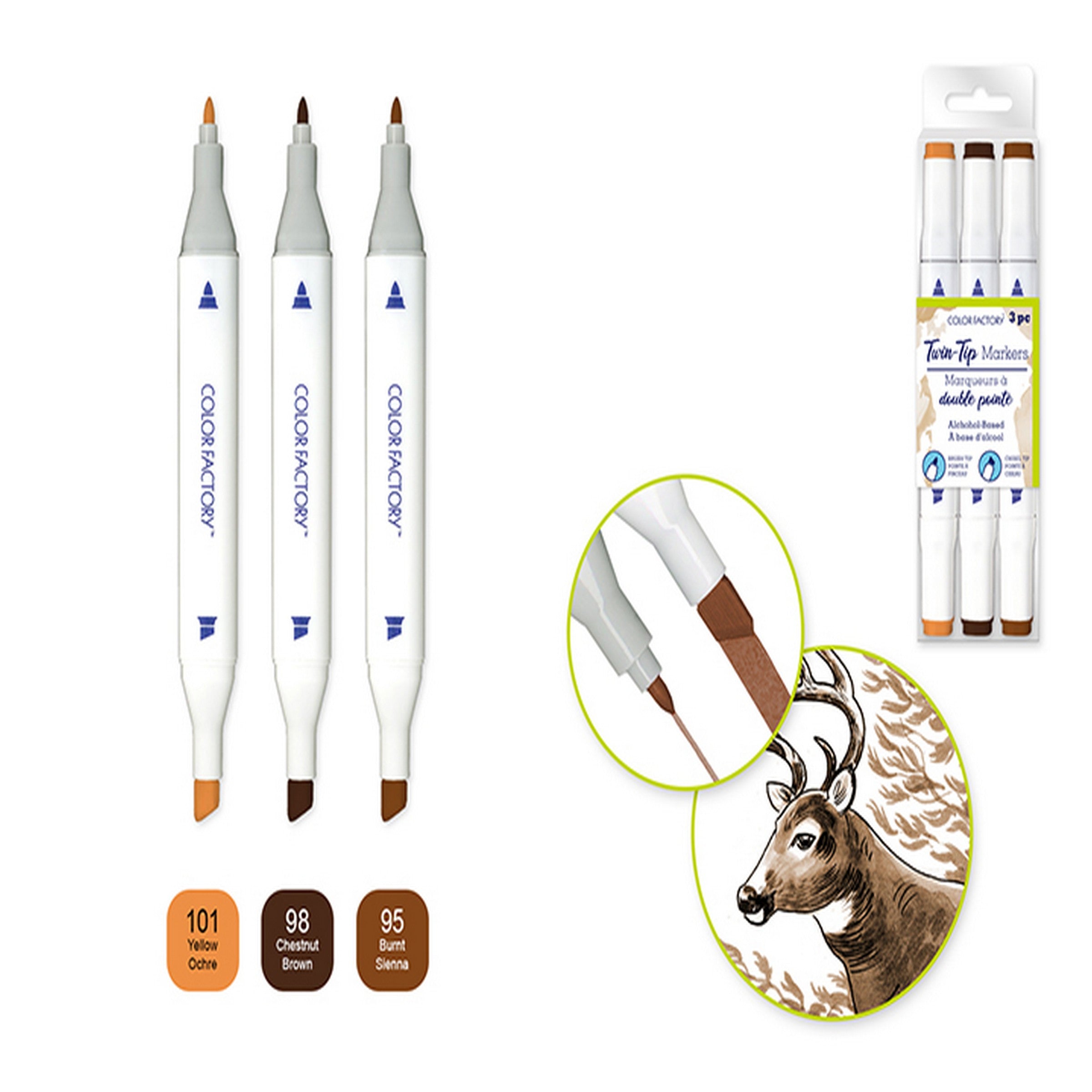 Color Factory 3 Alcohol Based Twin Markers - Browns - Fine and Chisel Tips 