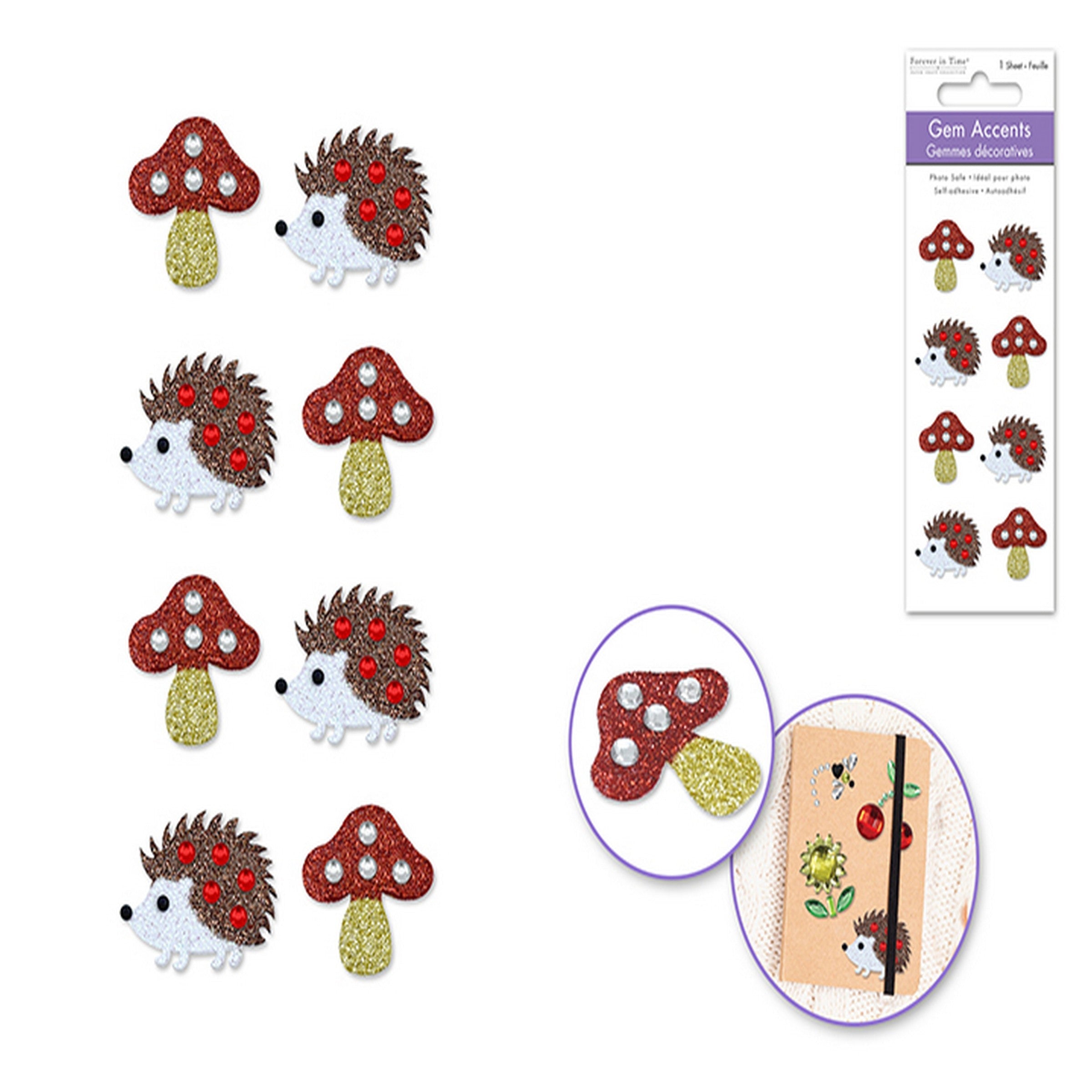 Forever in Time 3D Gem Stickers - Hedgehogs and Mushrooms 8pcs 1x0.75in