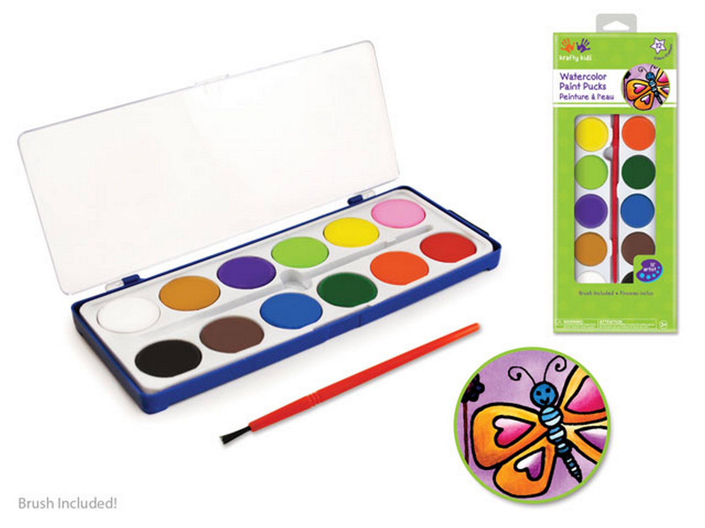 Krafty Kids Watercolor Paint Puck with Brush 12 Colors 8x3.25in