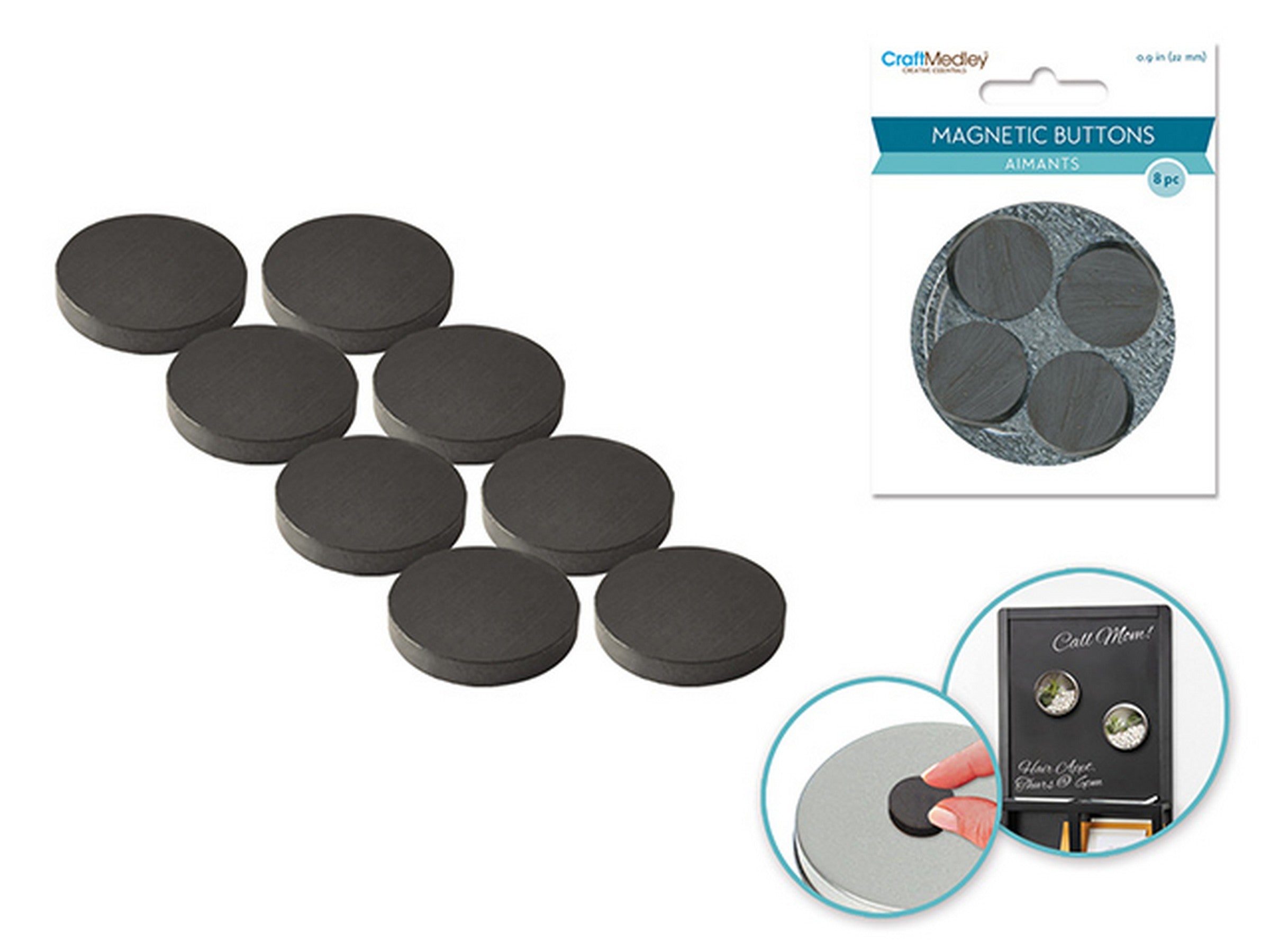 Craft Medley 8 Magnetic Buttons Black 0.9in