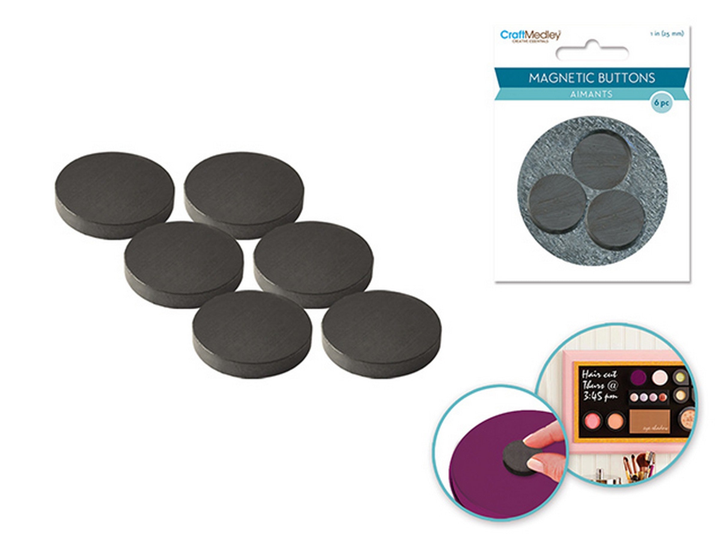 Craft Medley 6 Magnetic Buttons Black 1in