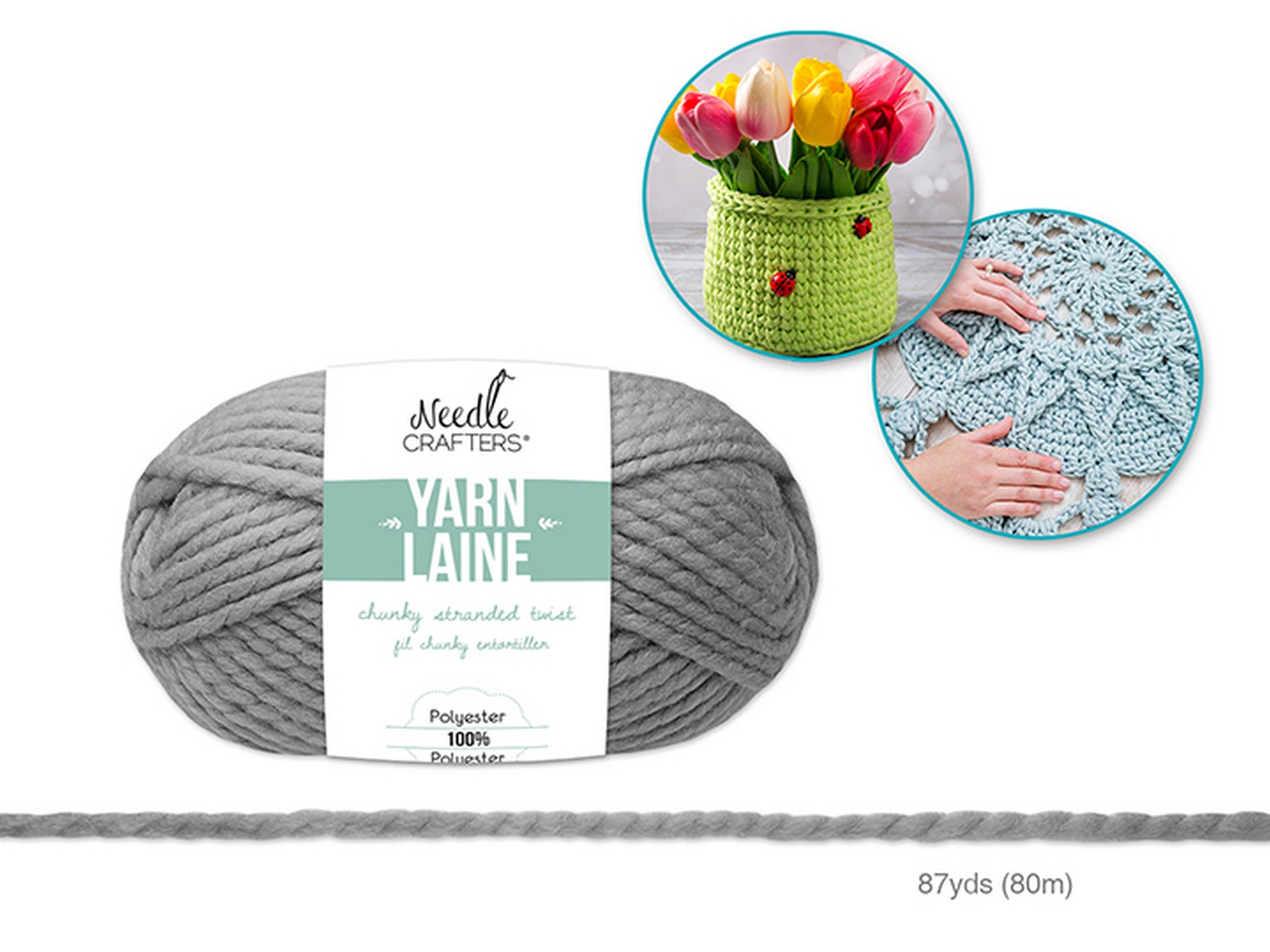 Needle Crafters Chunky Stranded Twist Yarn Grey 100% Polyester 87yds (80m)