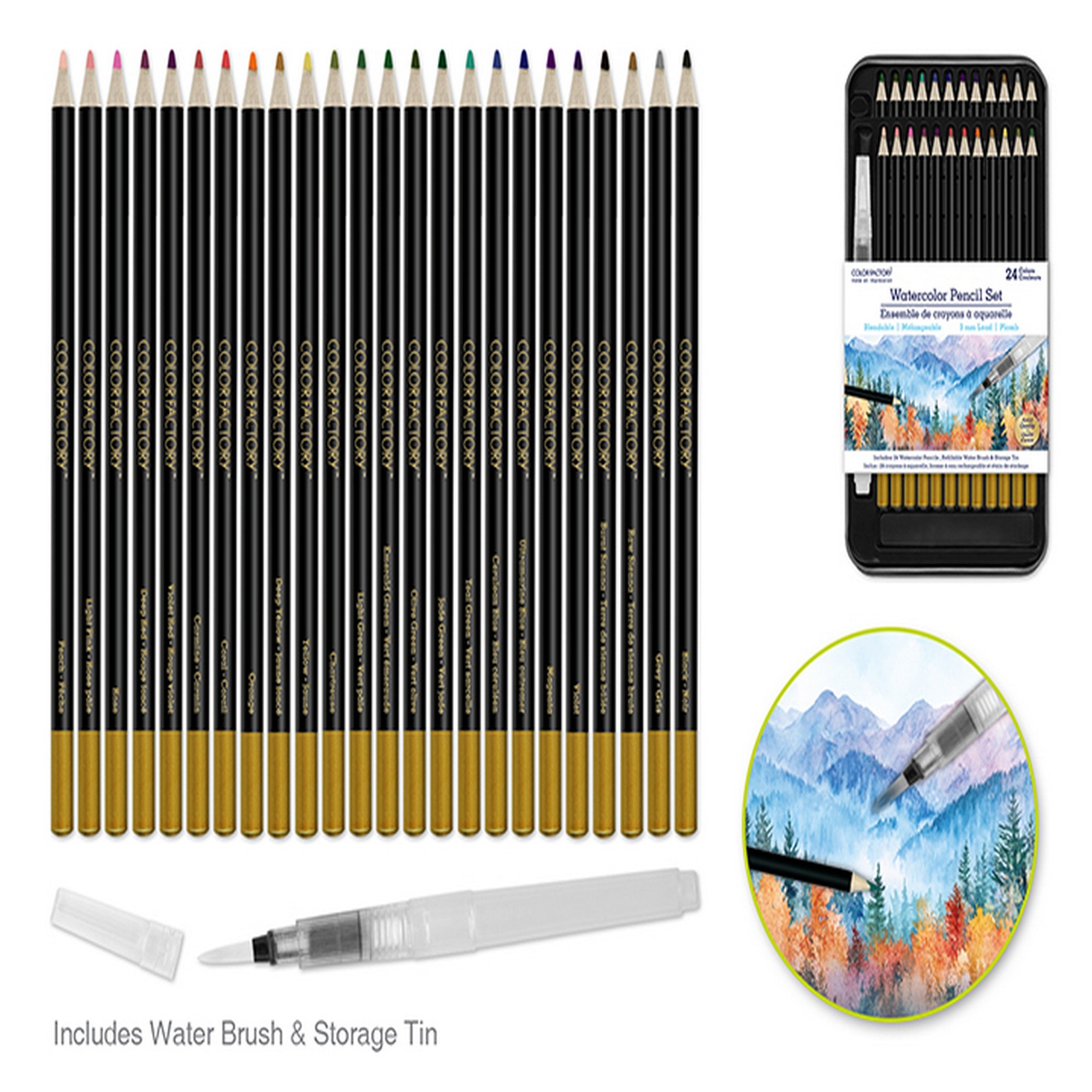 Color Factory Watercolor Pencil Set with Brush and Storage Tin 24pcs 3.0mm 