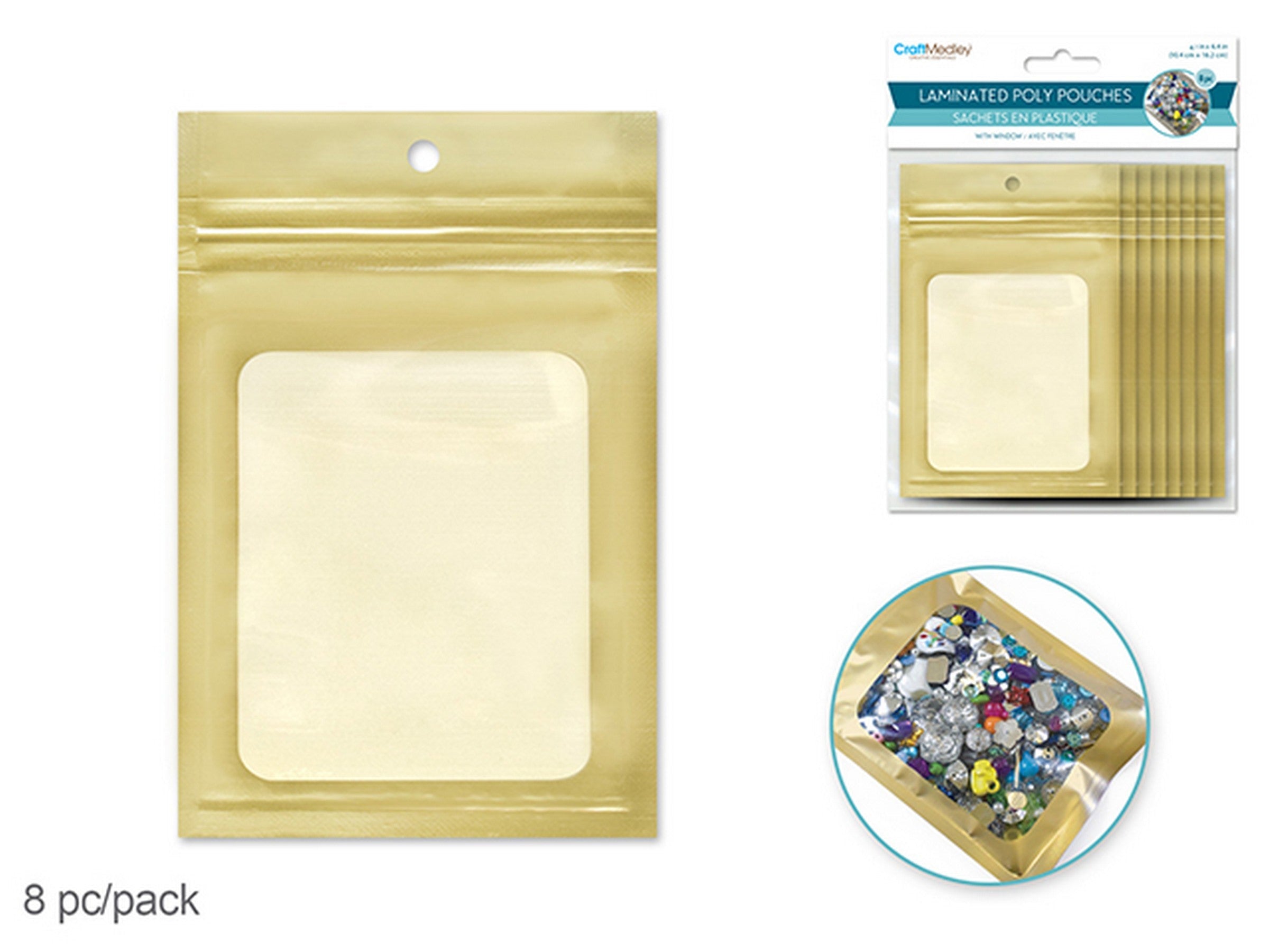Craft Medley 8 Laminated Gold Poly Pouches with Window 4.1x6.3in