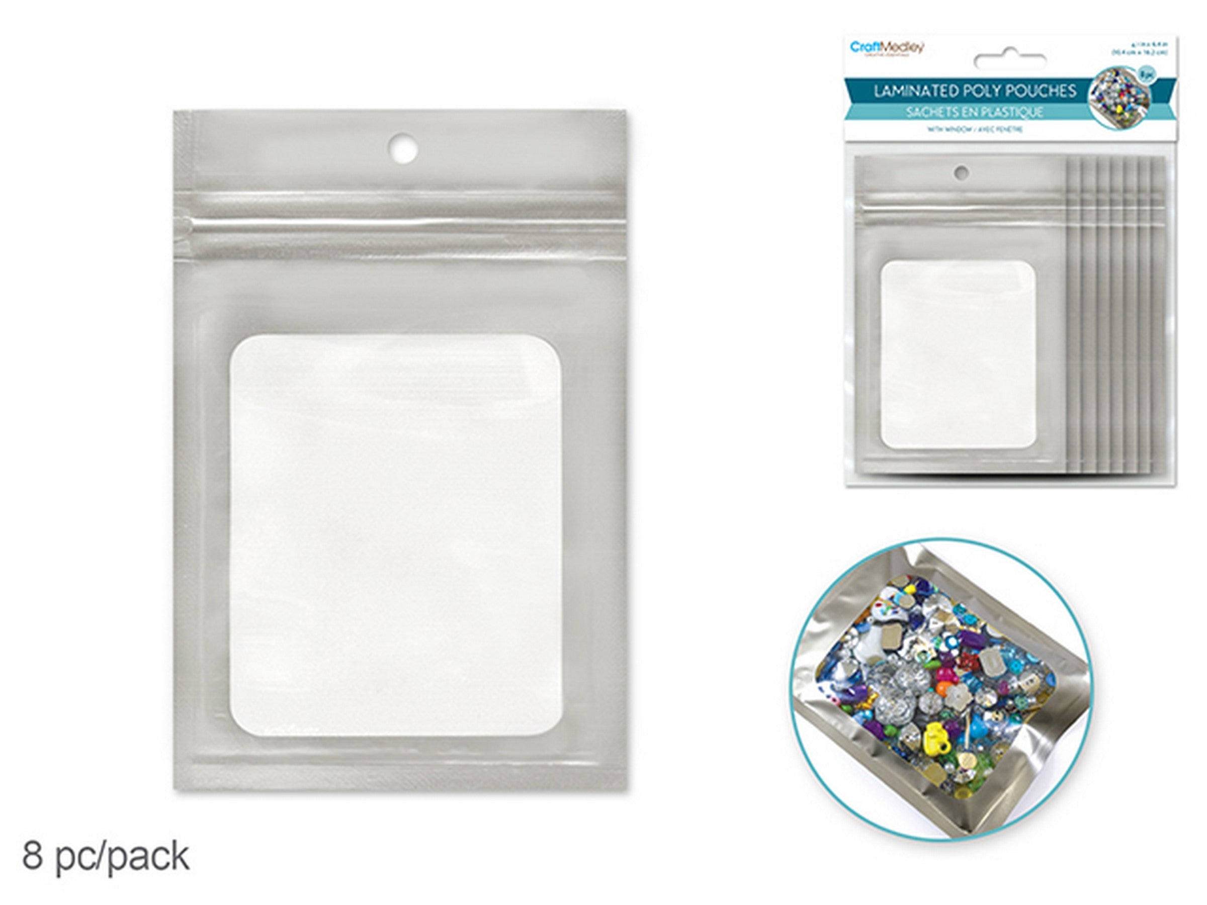 Craft Medley 8 Laminated Silver Poly Pouches with Window 4.1x6.3in